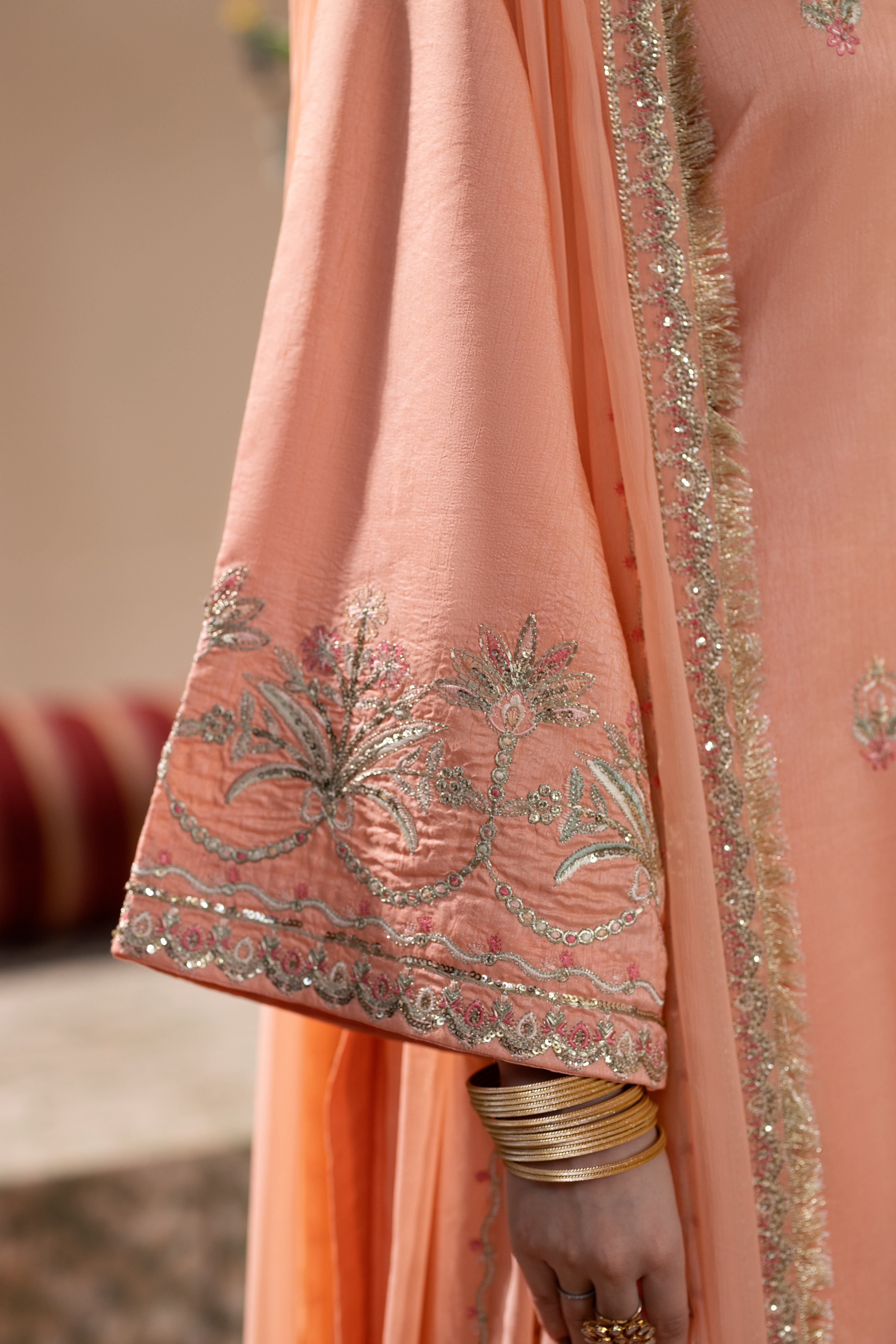 korean raw silk Kurta Set in Apricot orange