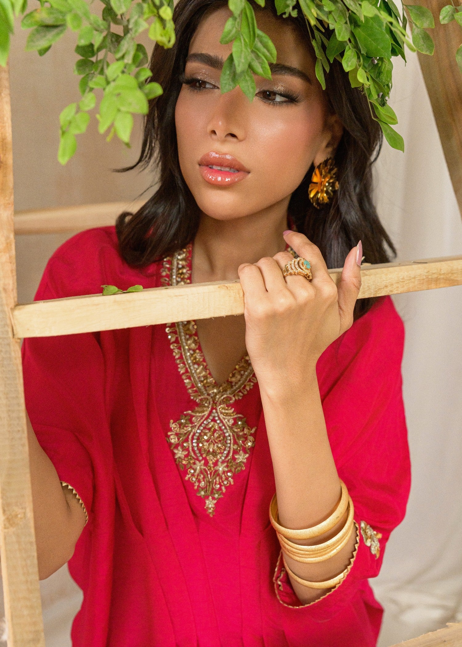 korean raw silk Kaftan in Raspberry pink