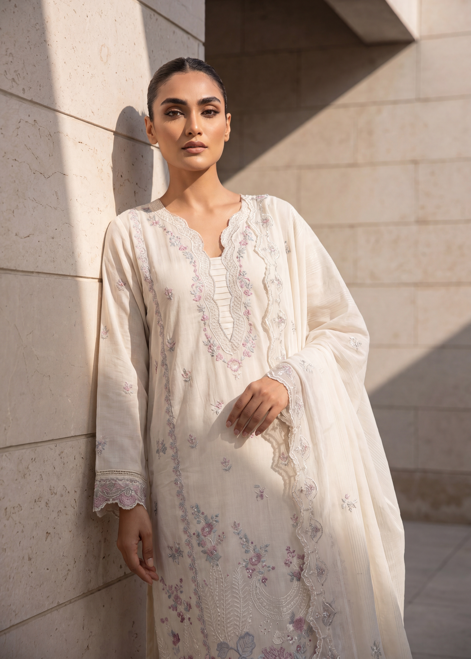 slub lawn Kurta Set in Ivory