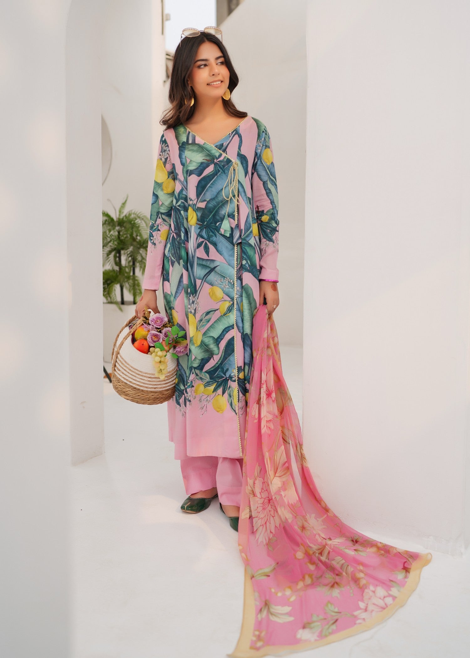lawn Angrakha in Pink