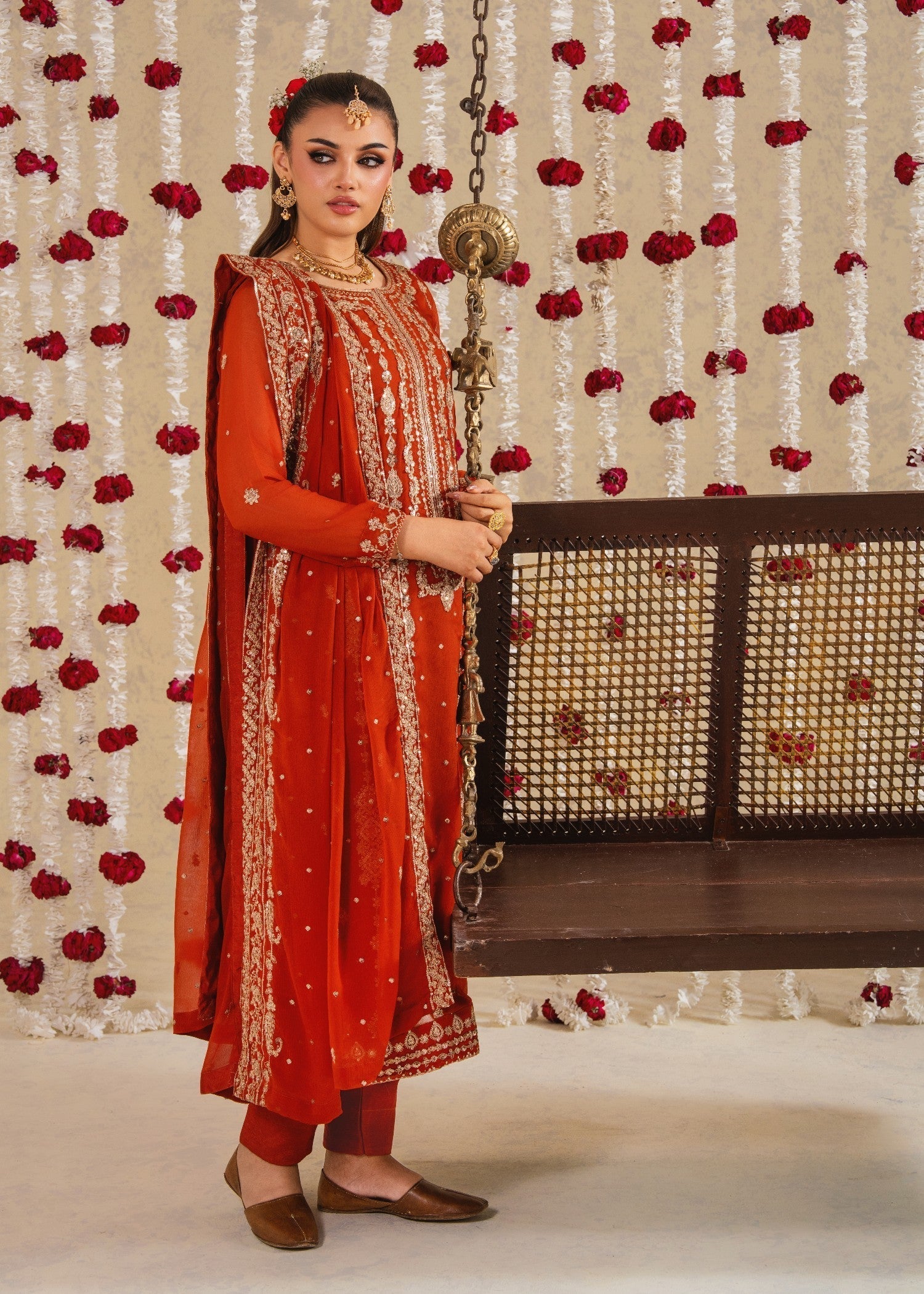 chiffon Kurta Set in Rust red