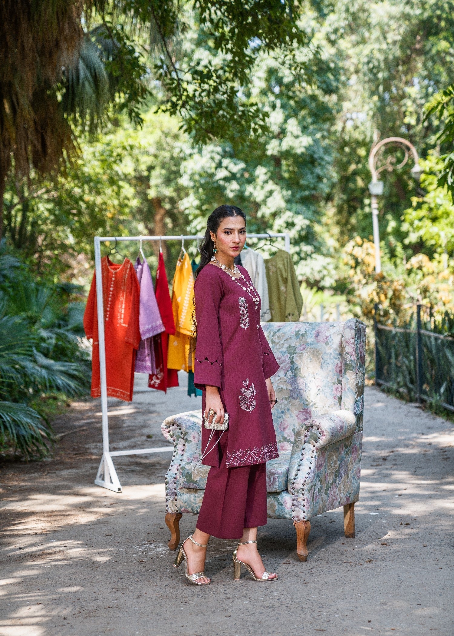 textured lawn Kurta Set in Wine