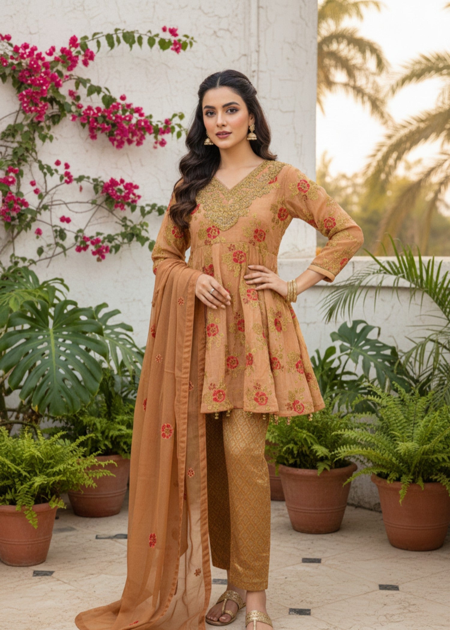 organza Short Frock in Tan brown