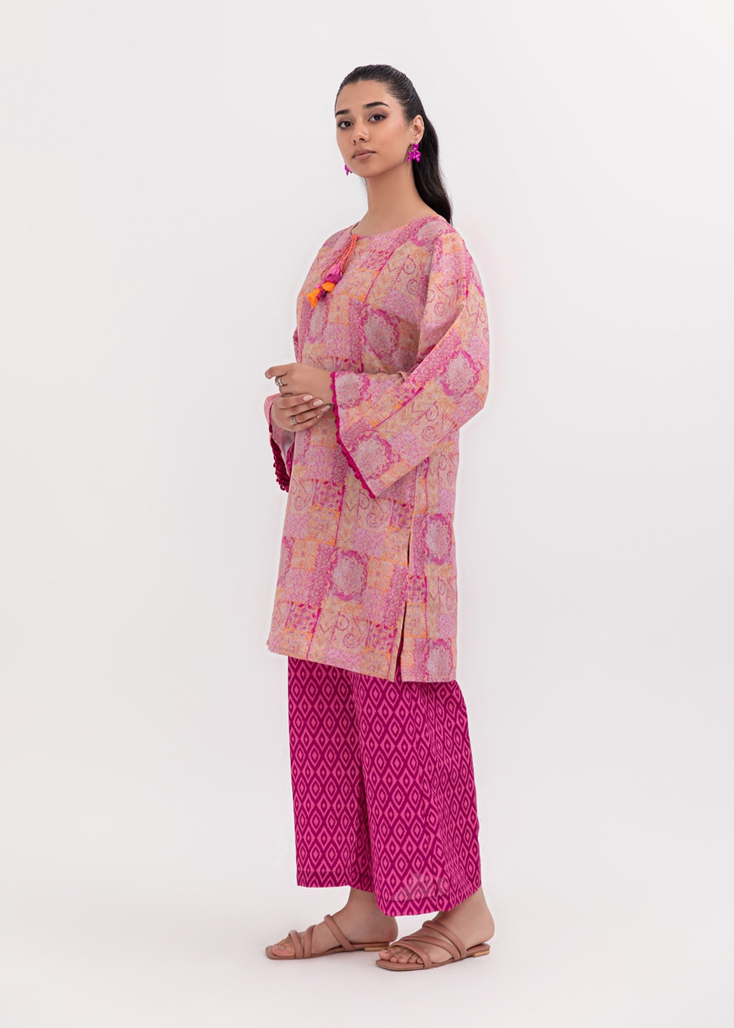 silk finish lawn Kurta Set in Hot pink red