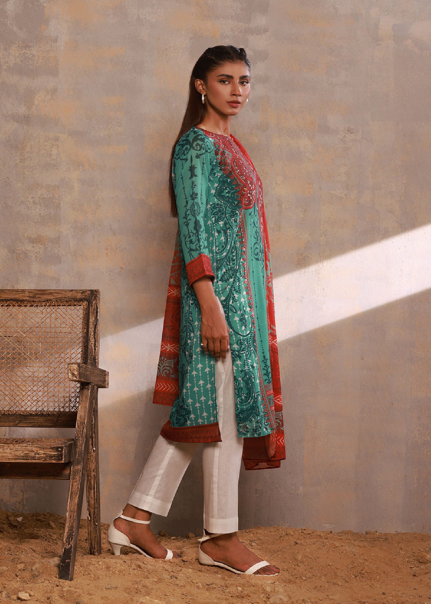 slub lawn Kurta Set in Aquamarine