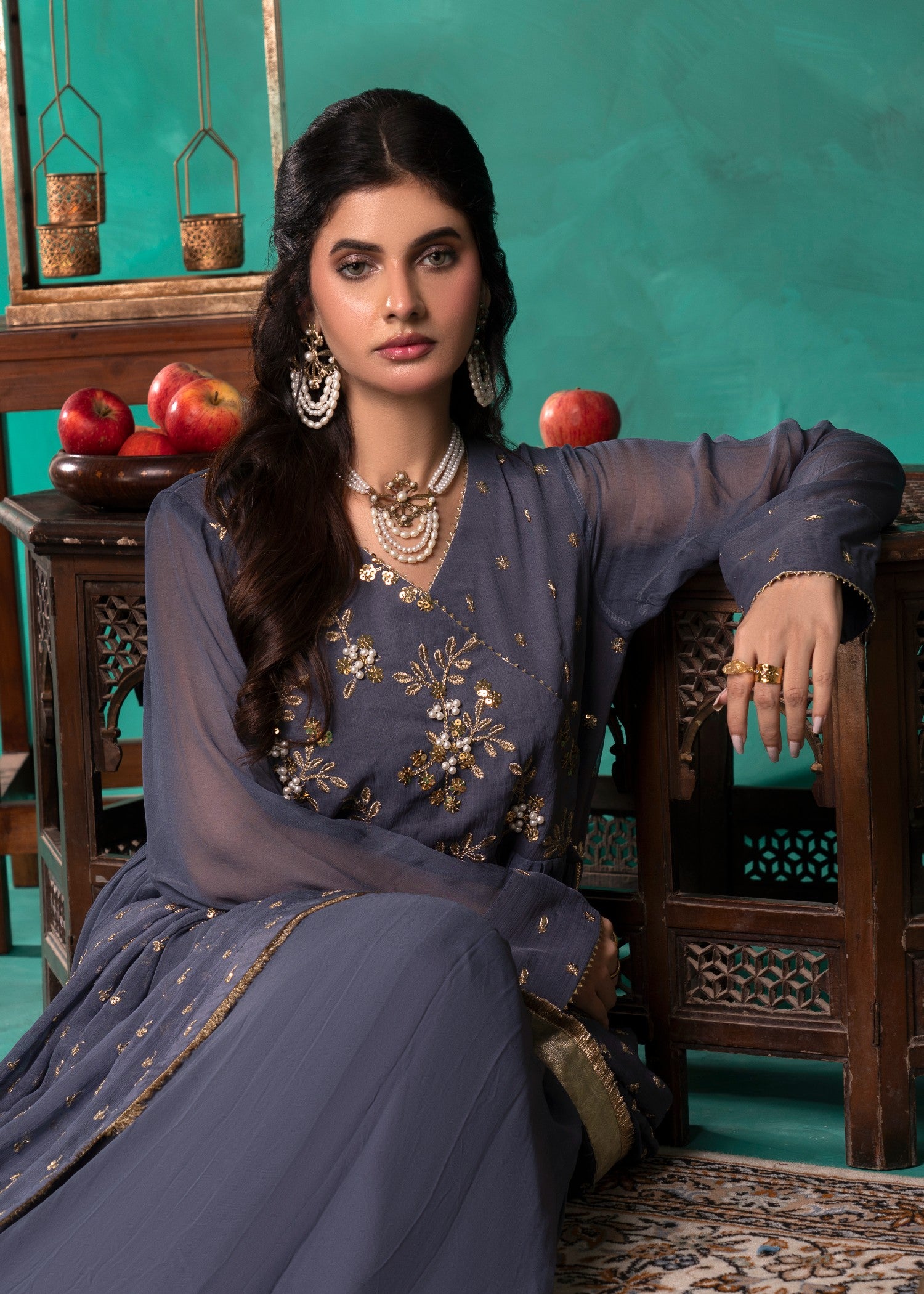 chiffon Angrakha in Slate grey