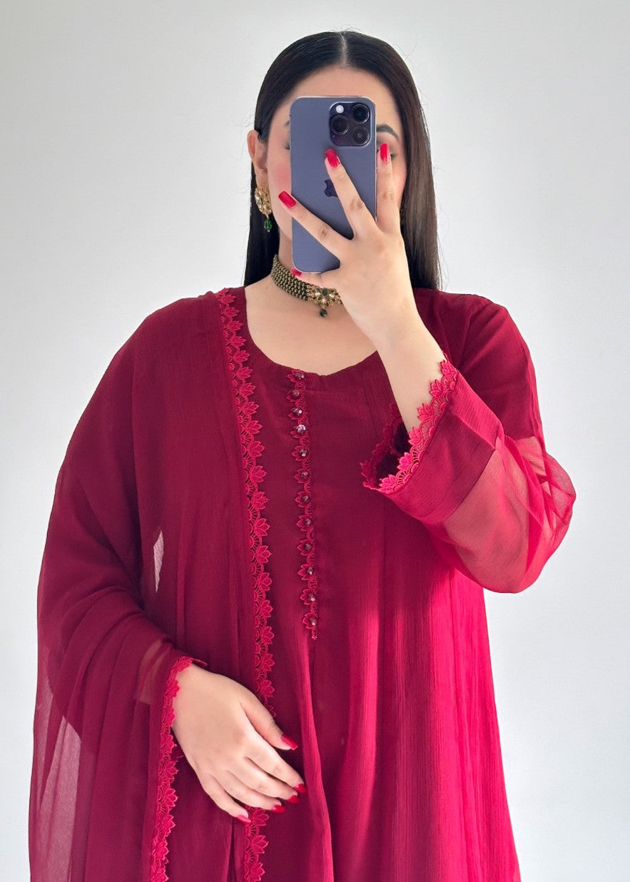 chiffon Pishwas in Maroon