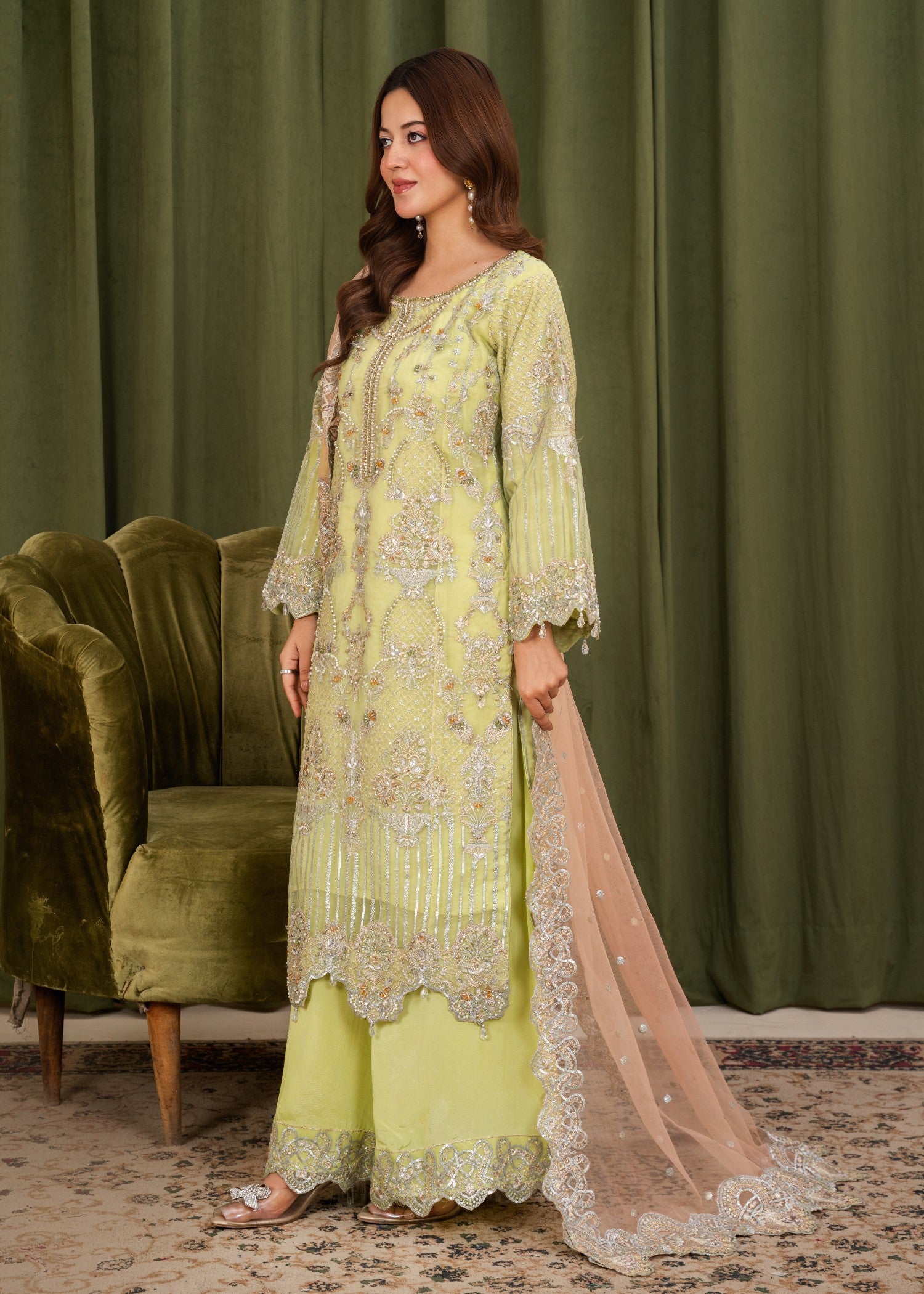 crystal organza Kurta Set in Pear
