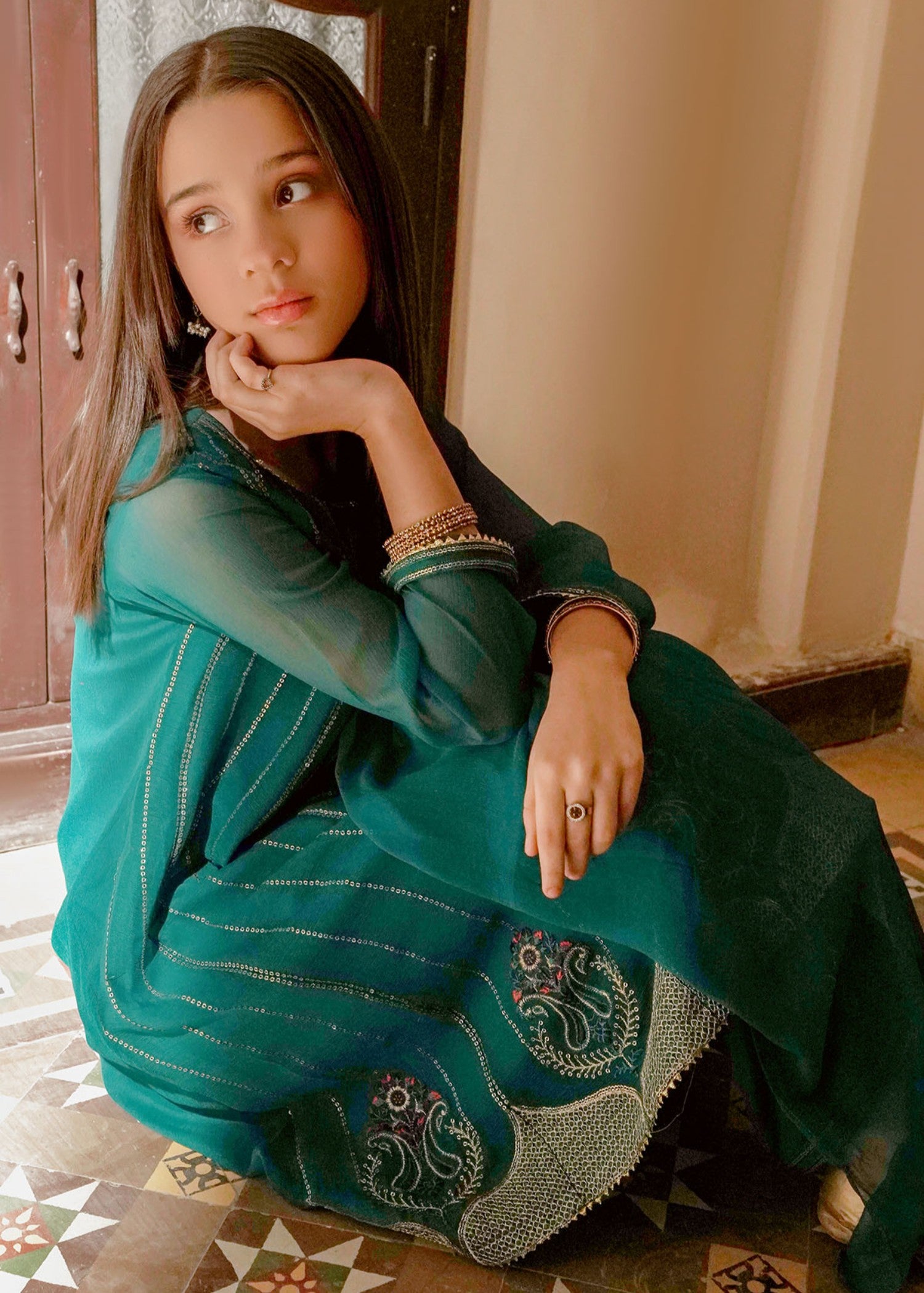 chiffon Short Frock in Emerald green