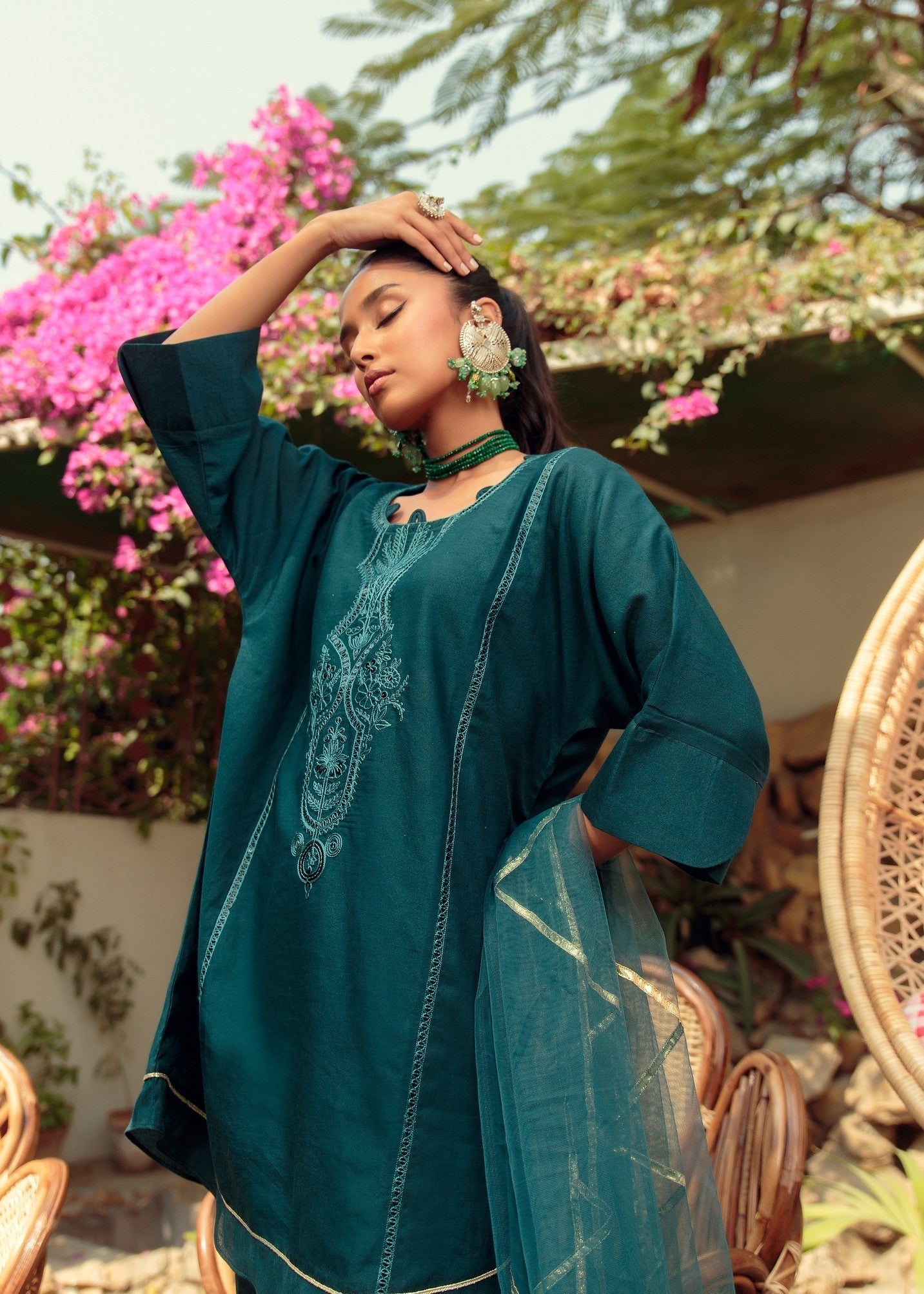 cotton net Kurta Set in Bottle green