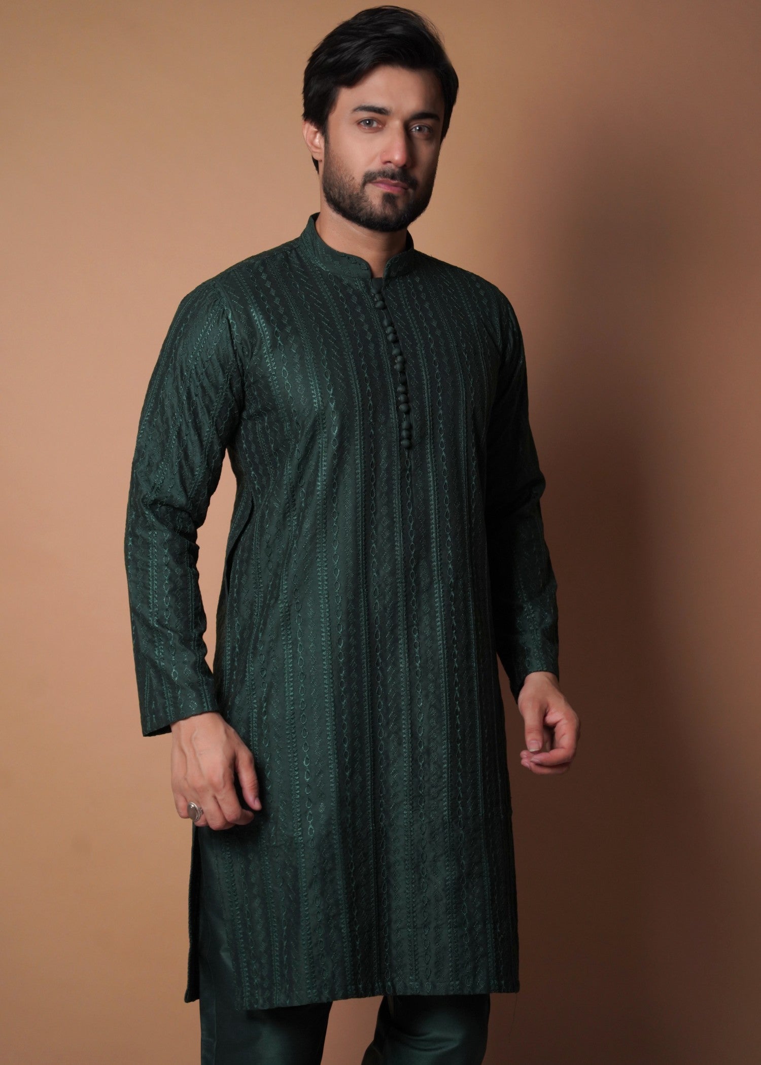 cotton silk Kurta Set in Bottle green