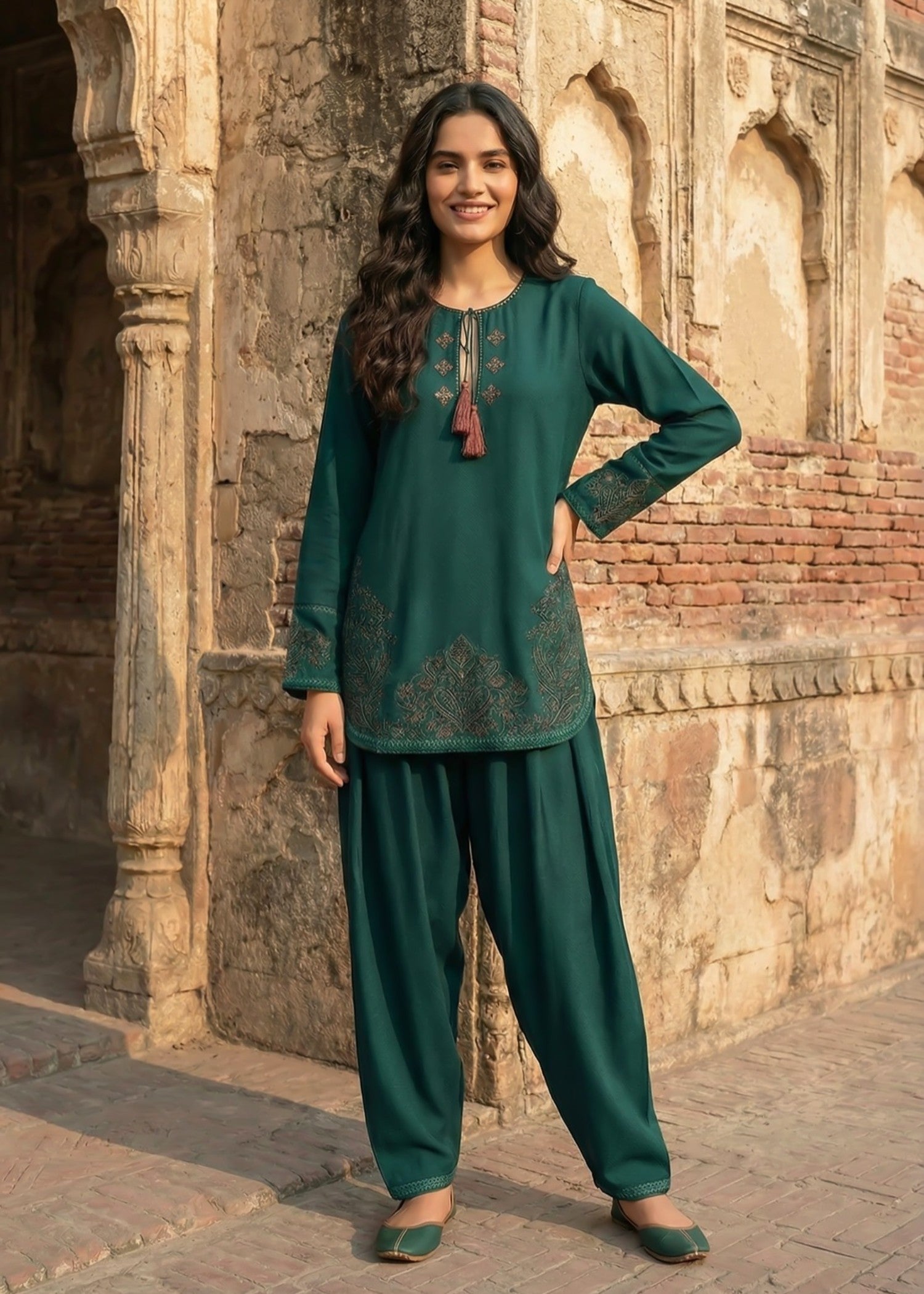 fine khaddar Kurta Set in Forest green
