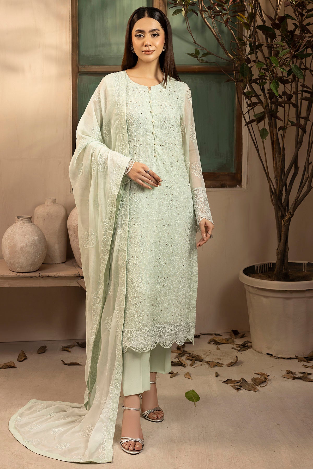 crinkle chiffon Unstitched in Light cyan