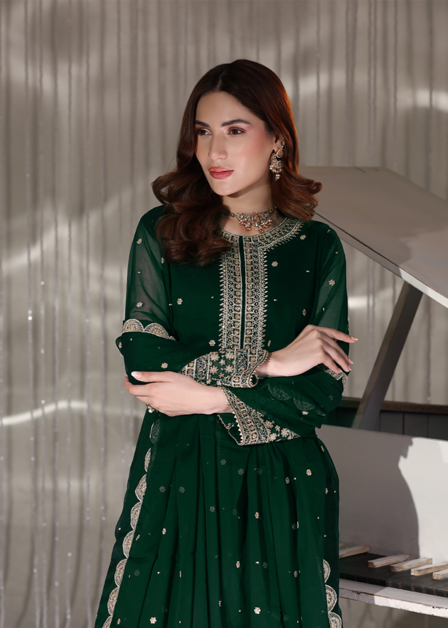 pk chiffon Lehenga in Dark green