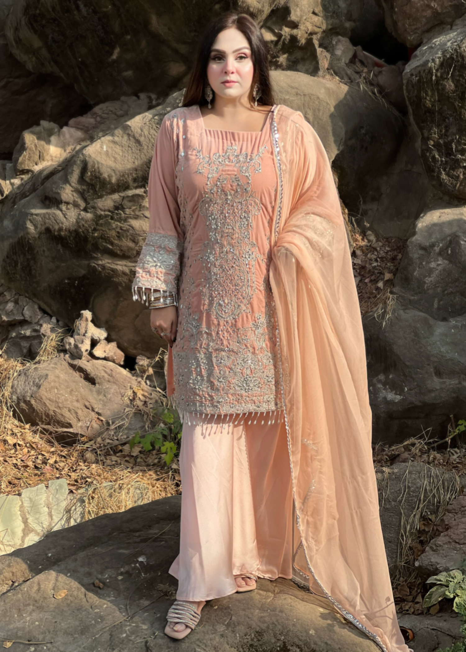 velvet Kurta Set in Light pink