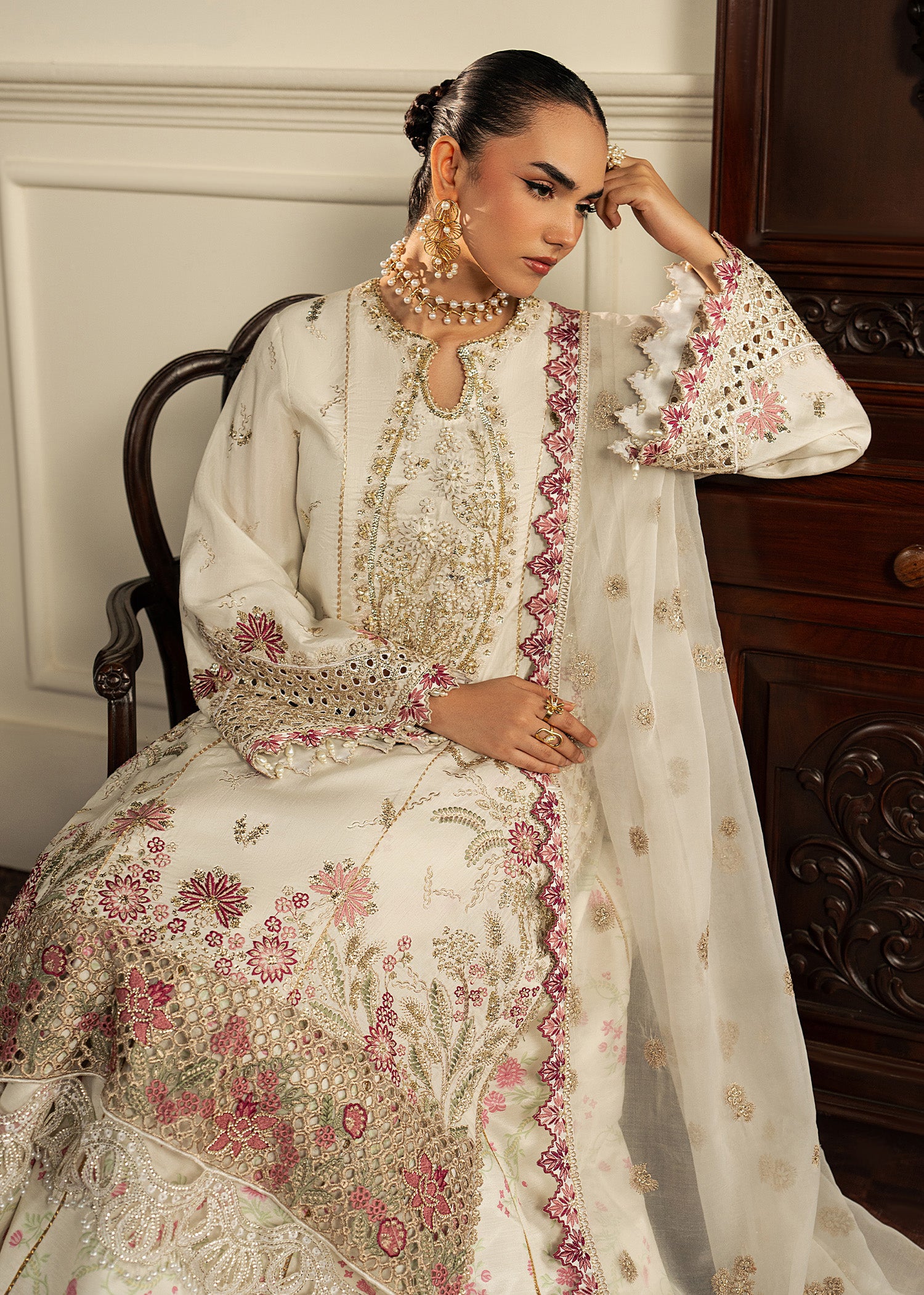 korean raw silk Sharara in White