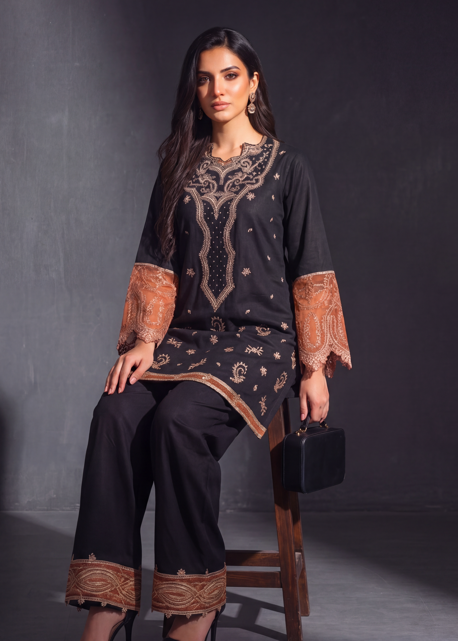 cotton Kurta Set in Black, pumpkin orange