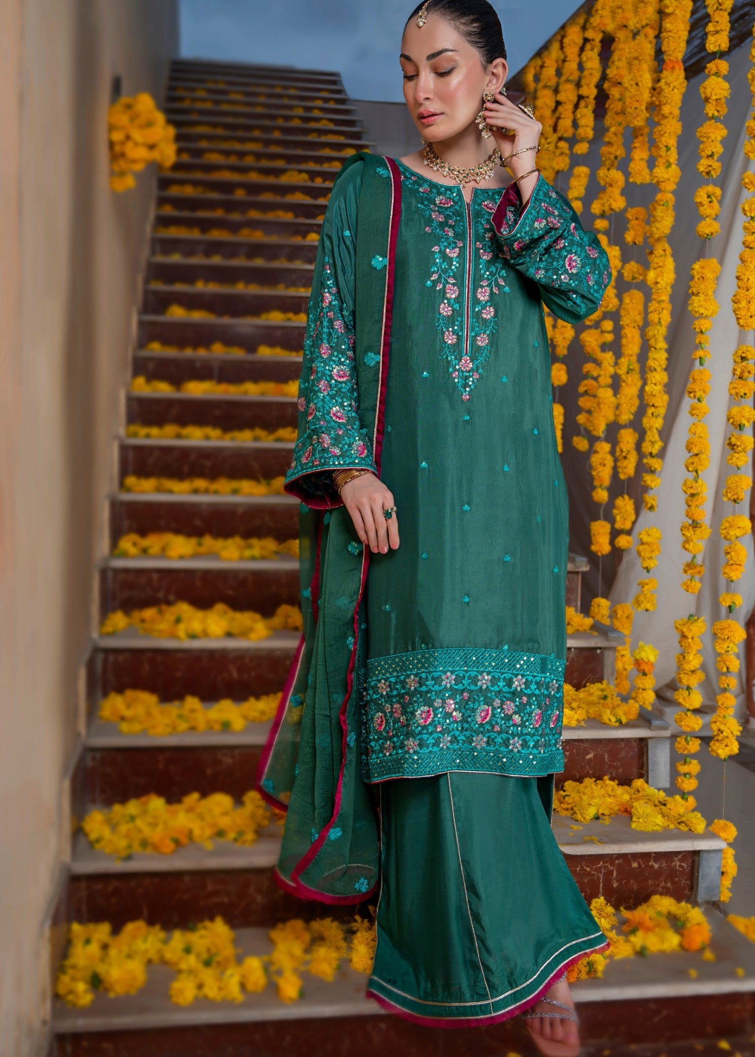 cotton silk Kurta Set in Dark green