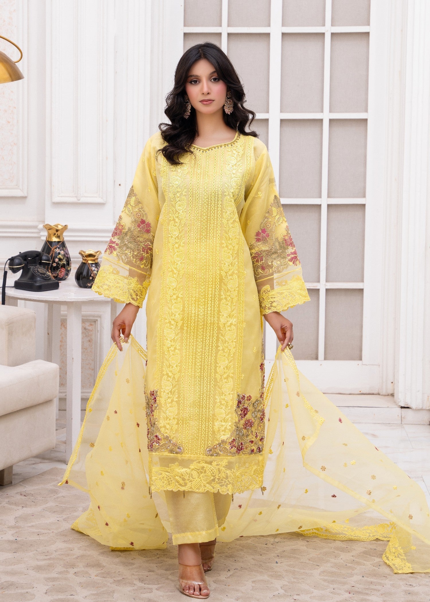 organza Kurta Set in Lemon