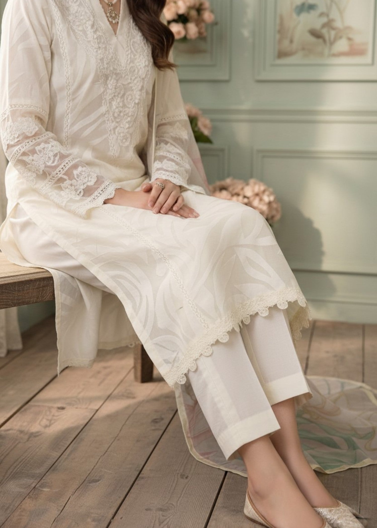 jacquard organza Kurta Set in Light yellow