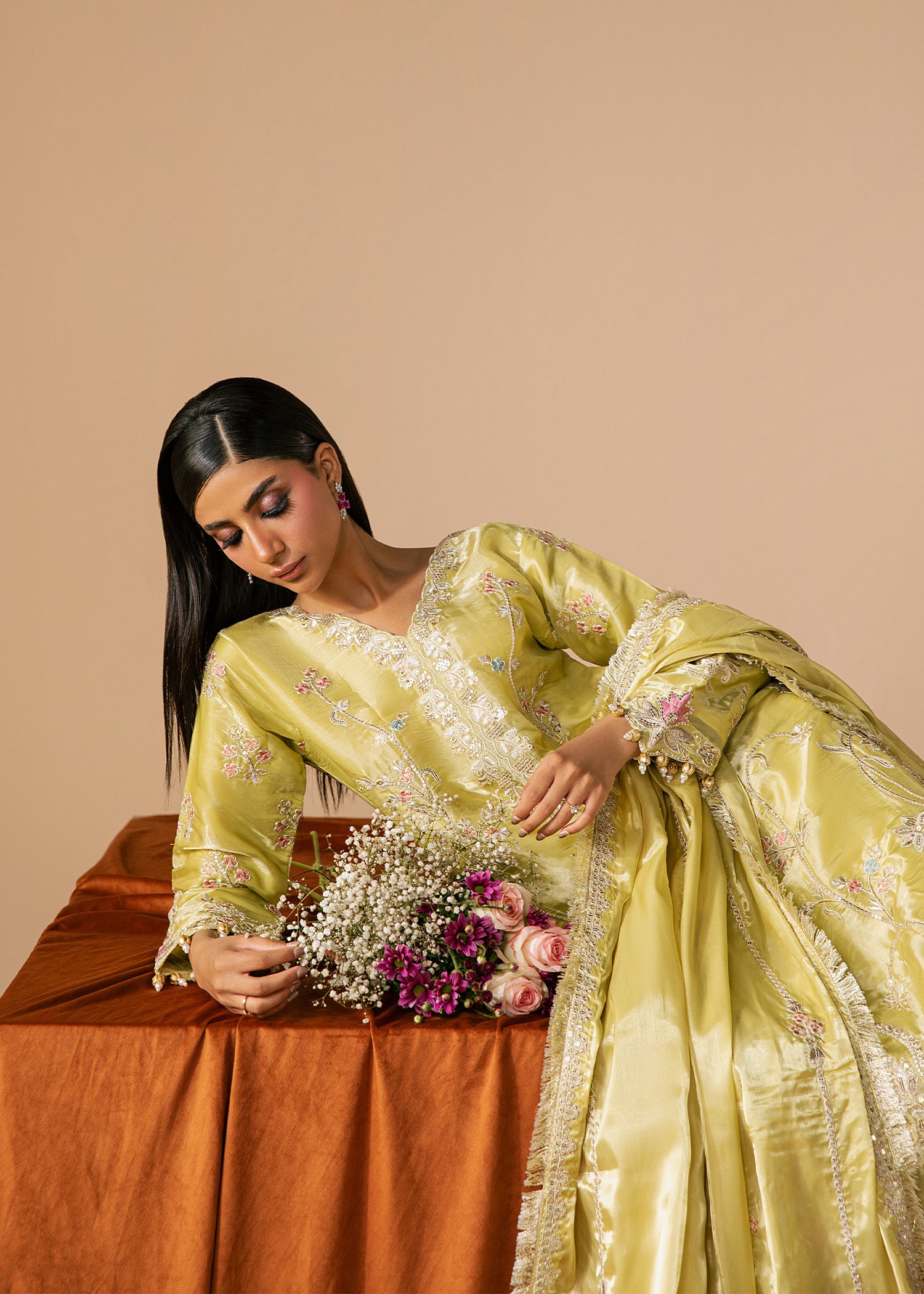 silk Kurta Set in Key lime