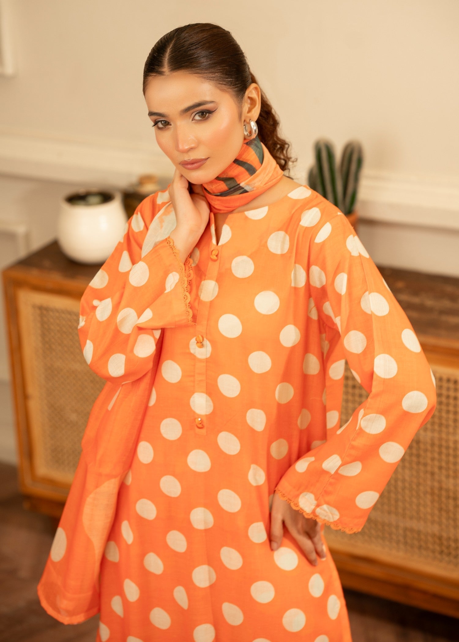 poly lawn Kurta Set in Orange