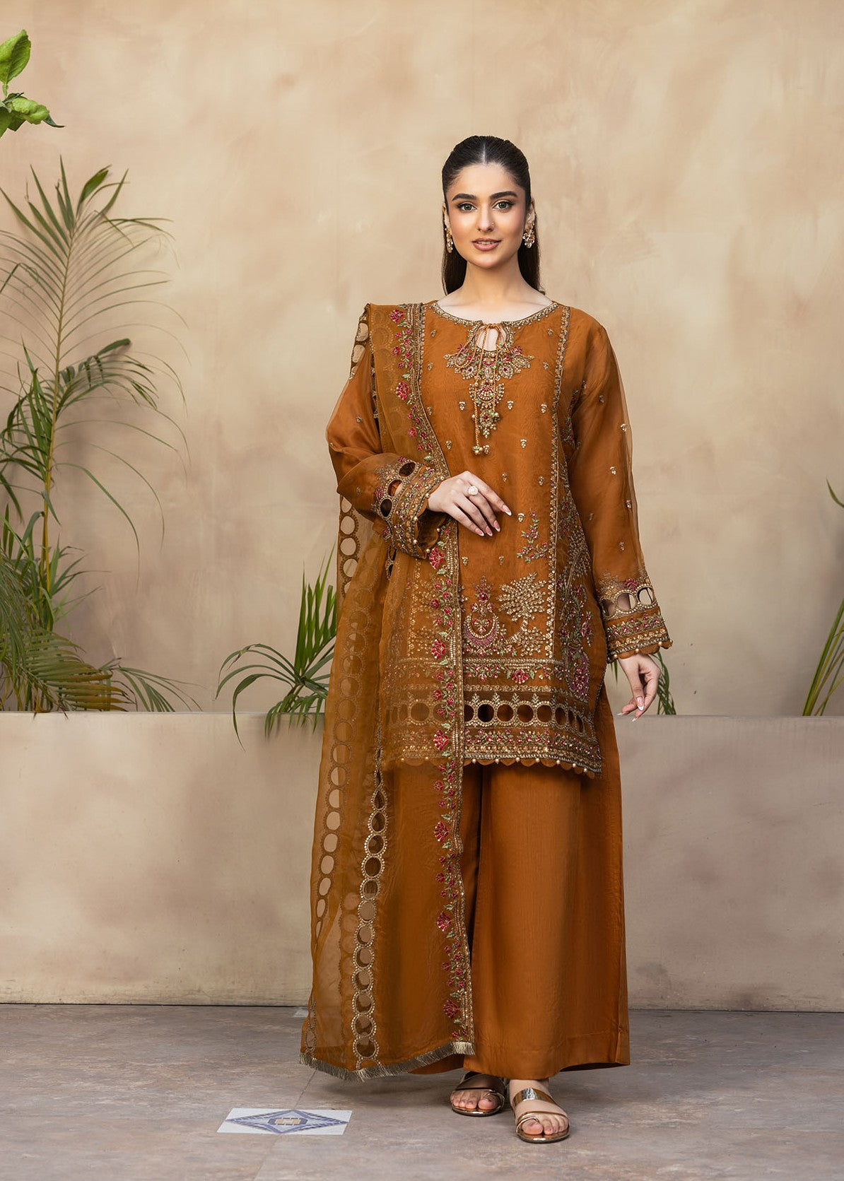 organza Kurta Set in Rustic brown