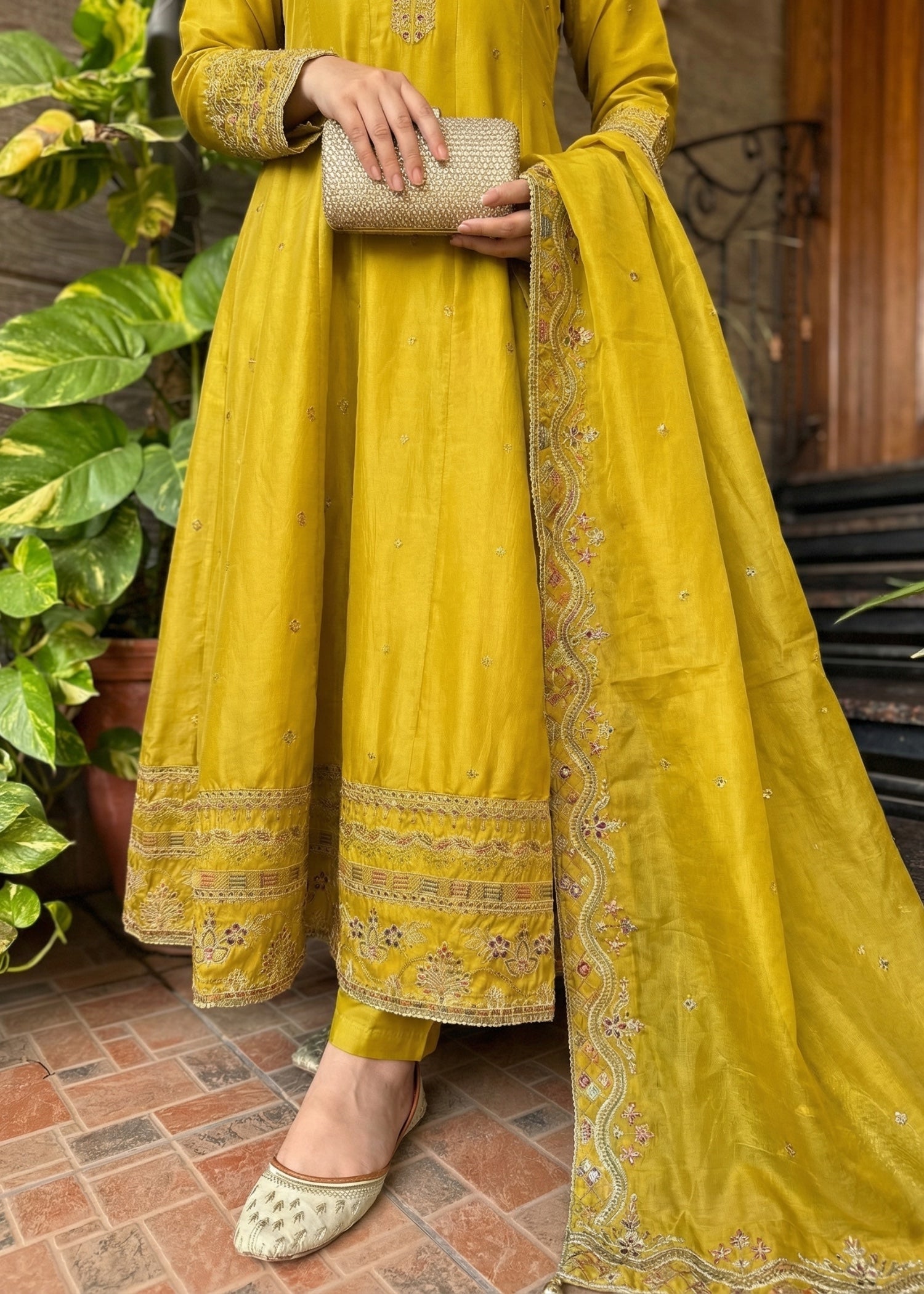silk Pishwas in Mustard