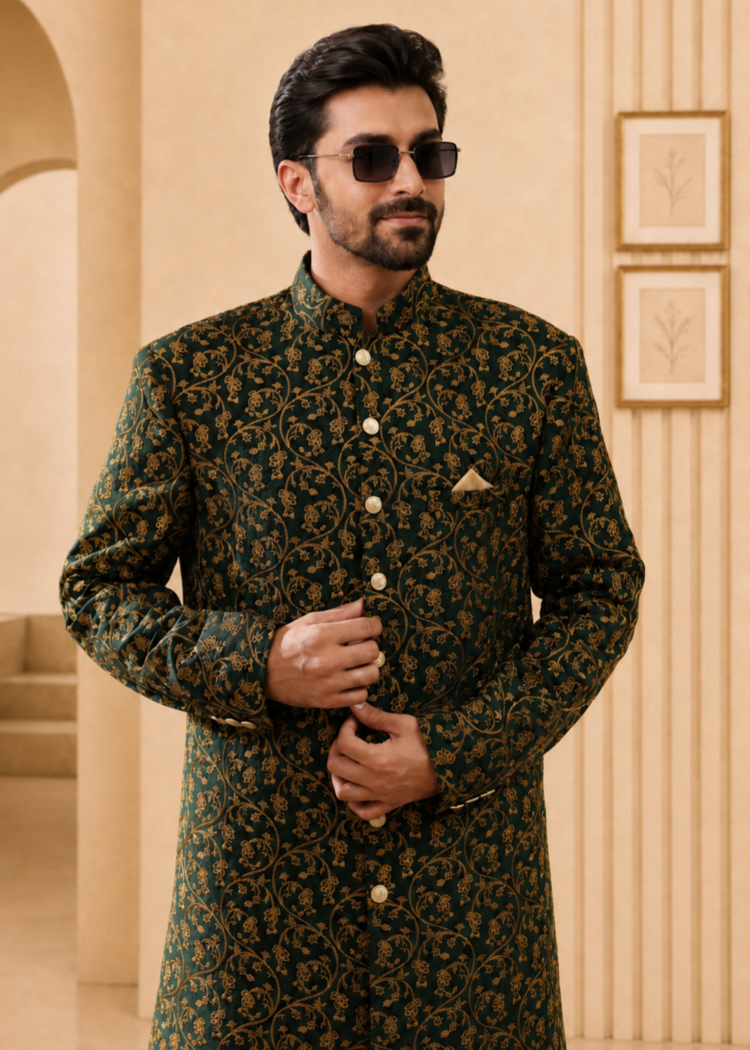 jamawar Sherwani in Dark green