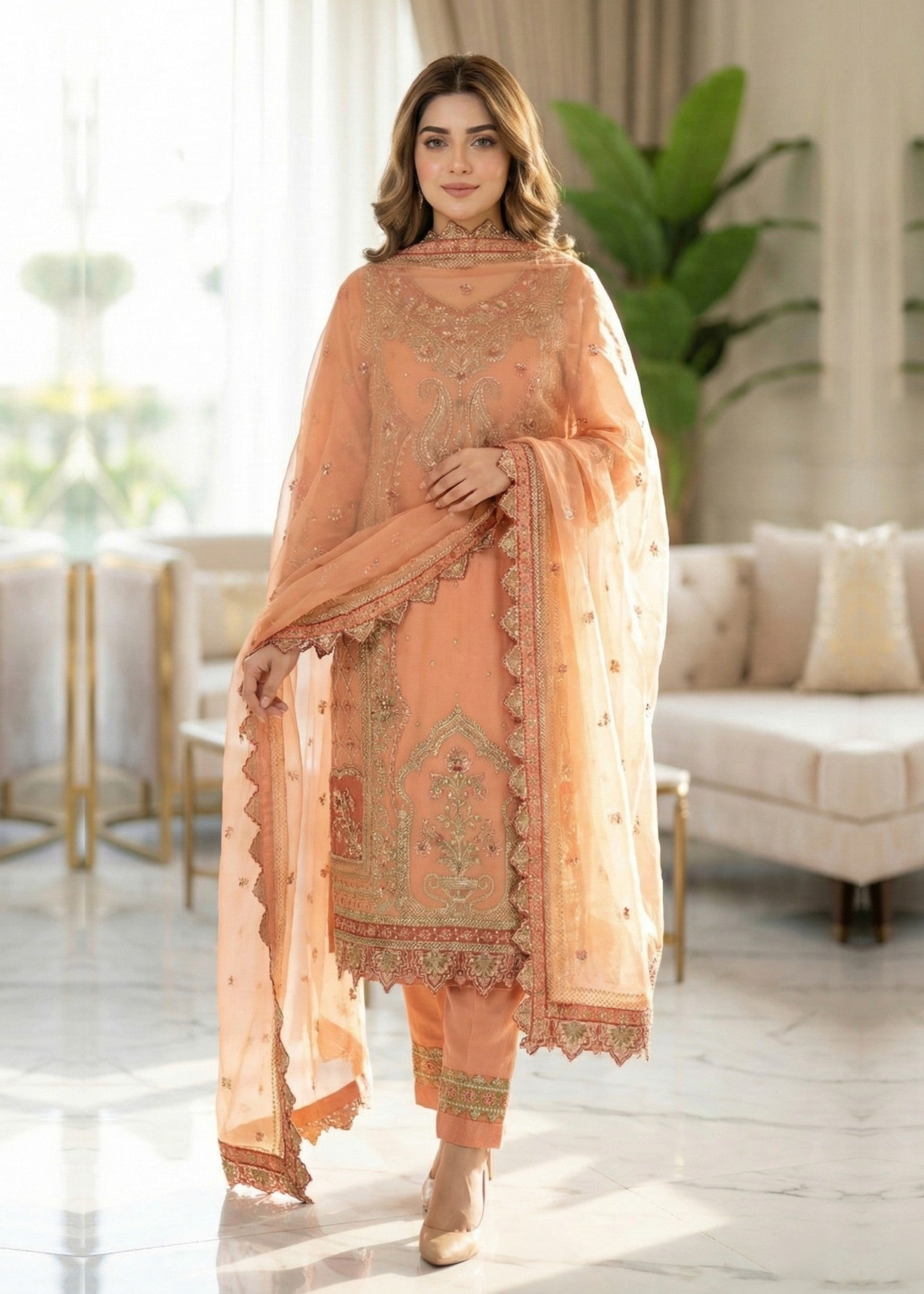 organza Kurta Set in Coral orange