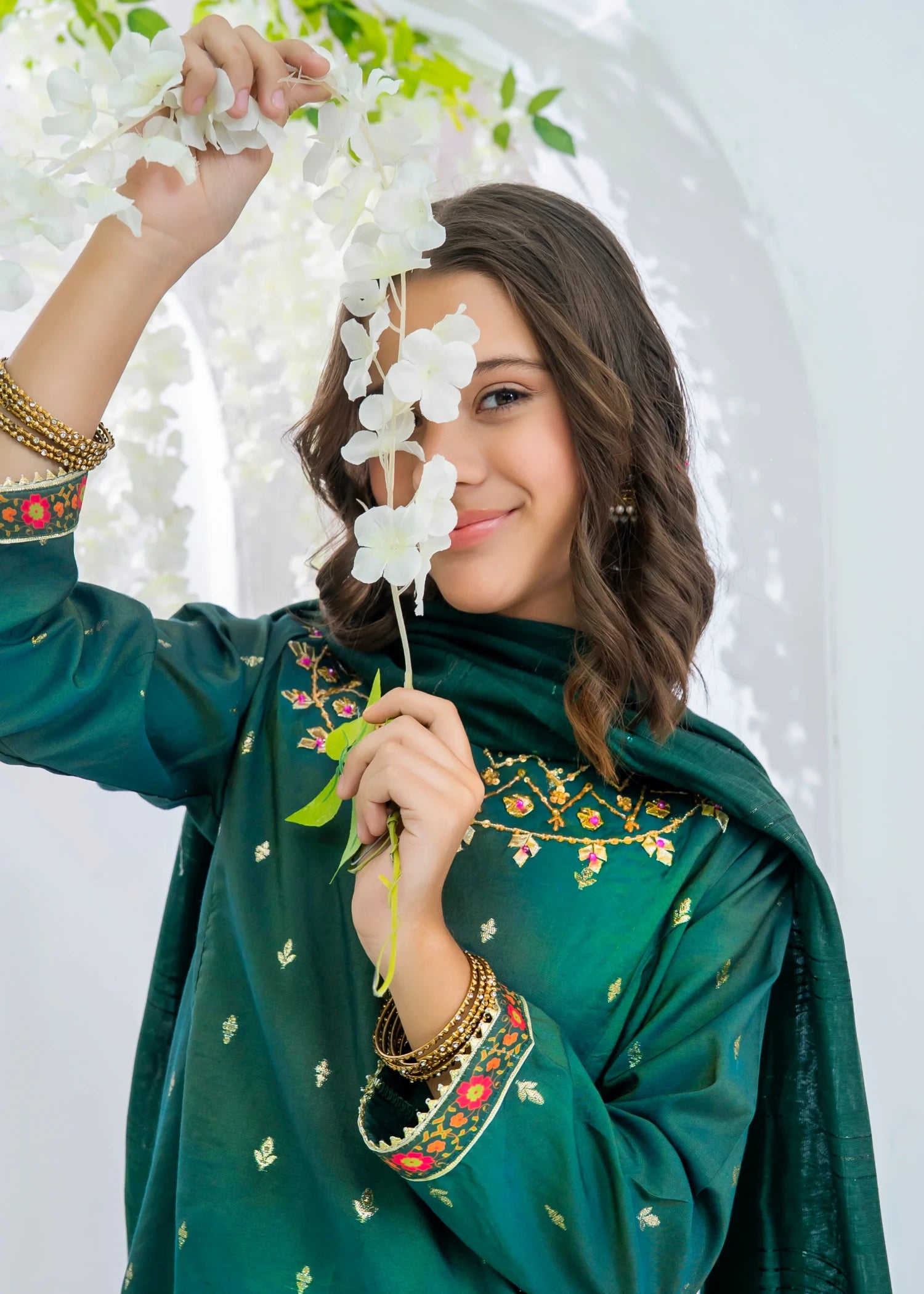 cotton jacquard Anarkali in Dark green