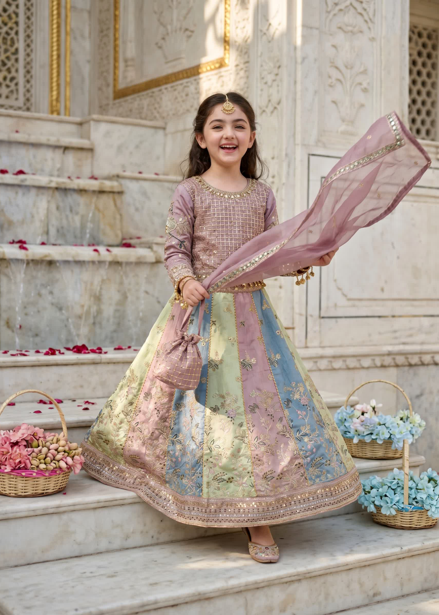 raw silk Lehenga in Mauve pink, multi