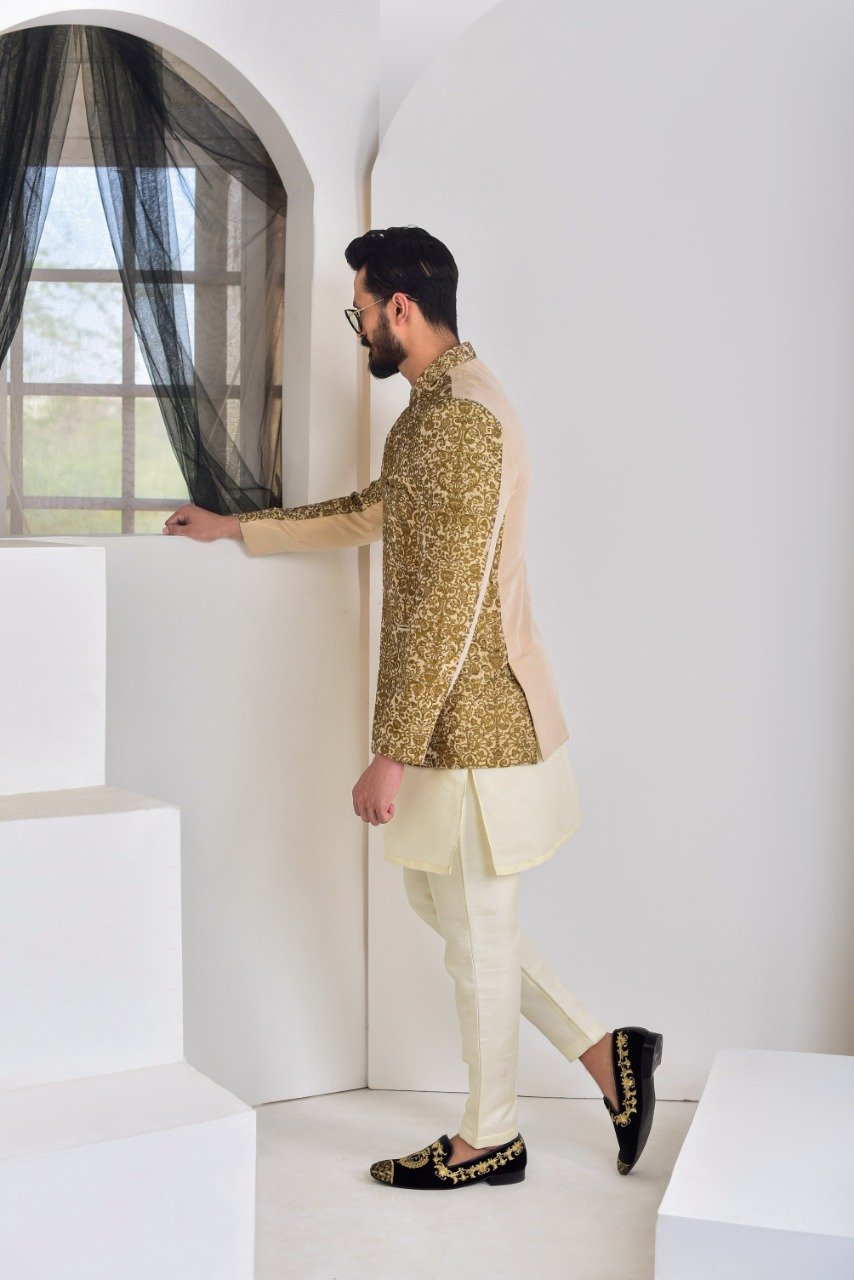 banarsi silk Prince Coat in Gold