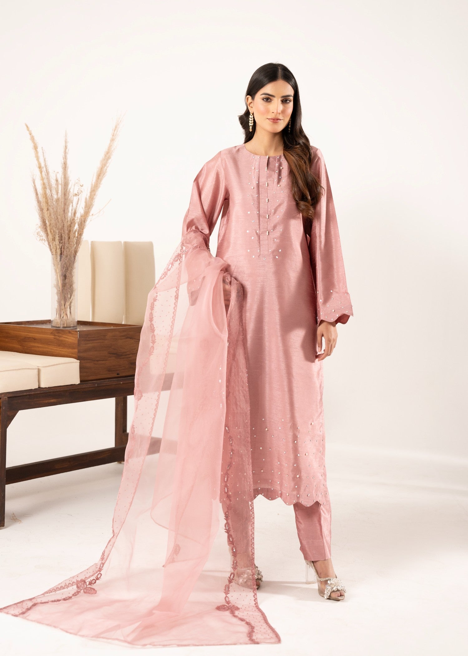 pk raw silk Kurta Set in Tea rose pink