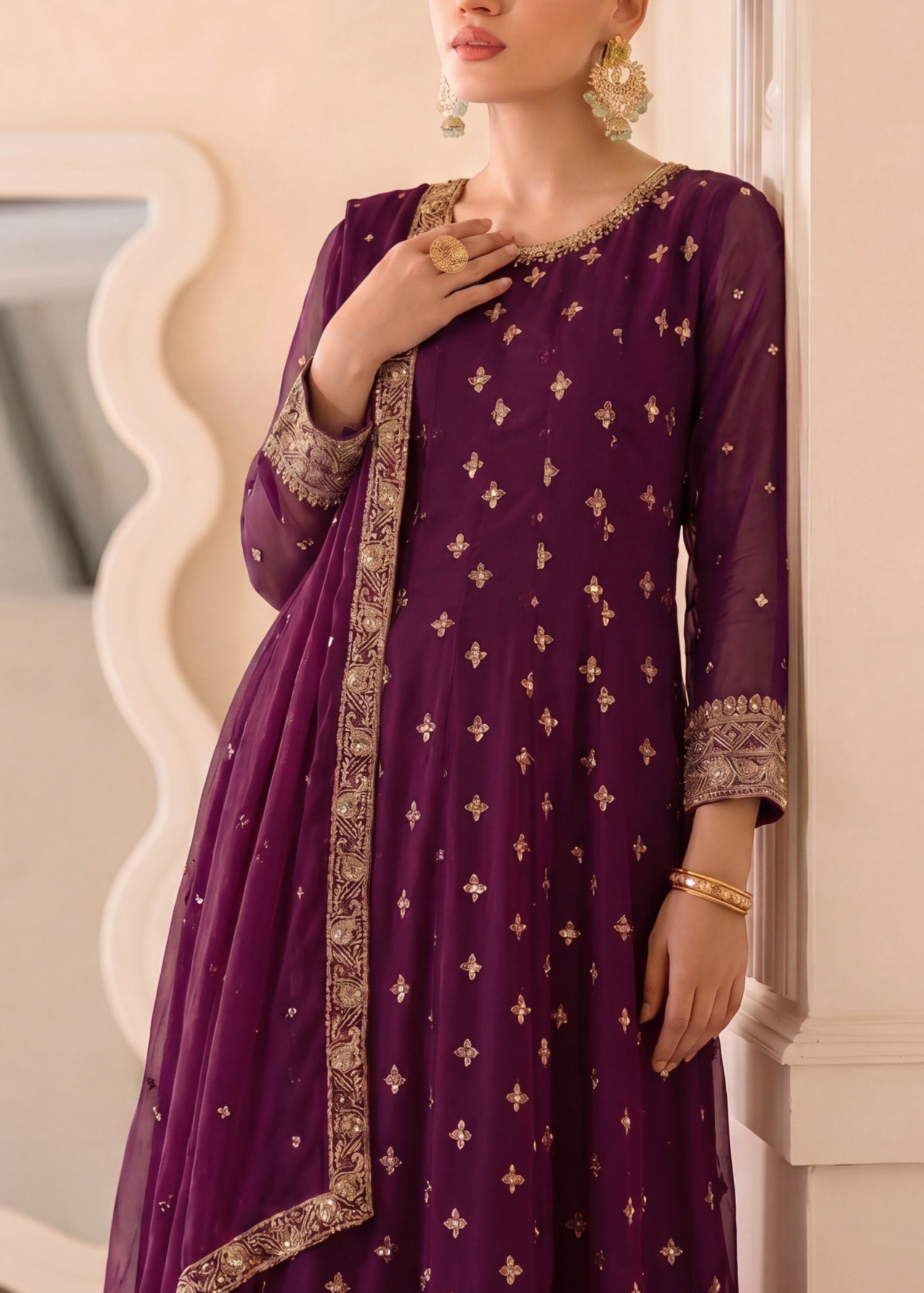 chiffon Pishwas in Plum purple