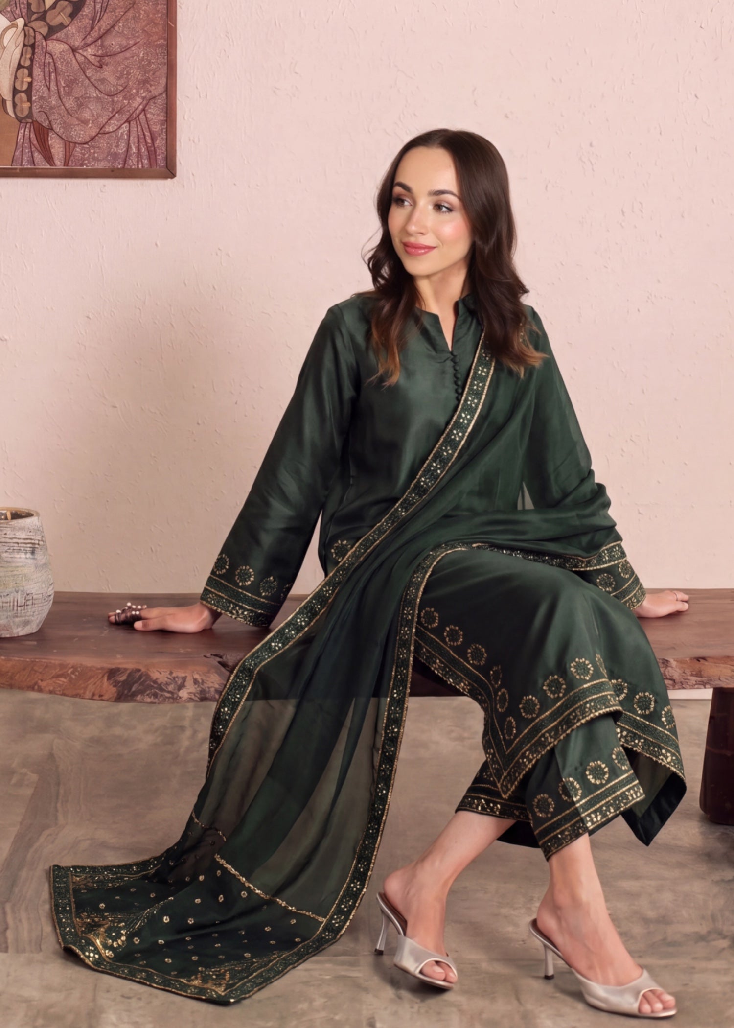 kattan silk Kurta Set in Dark green