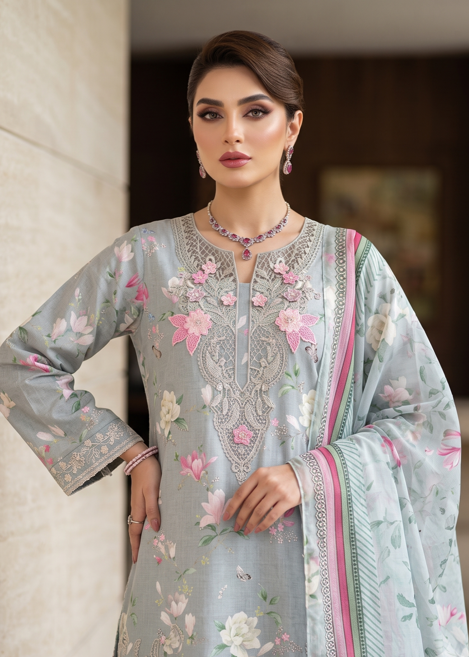lawn Gharara in Ash grey