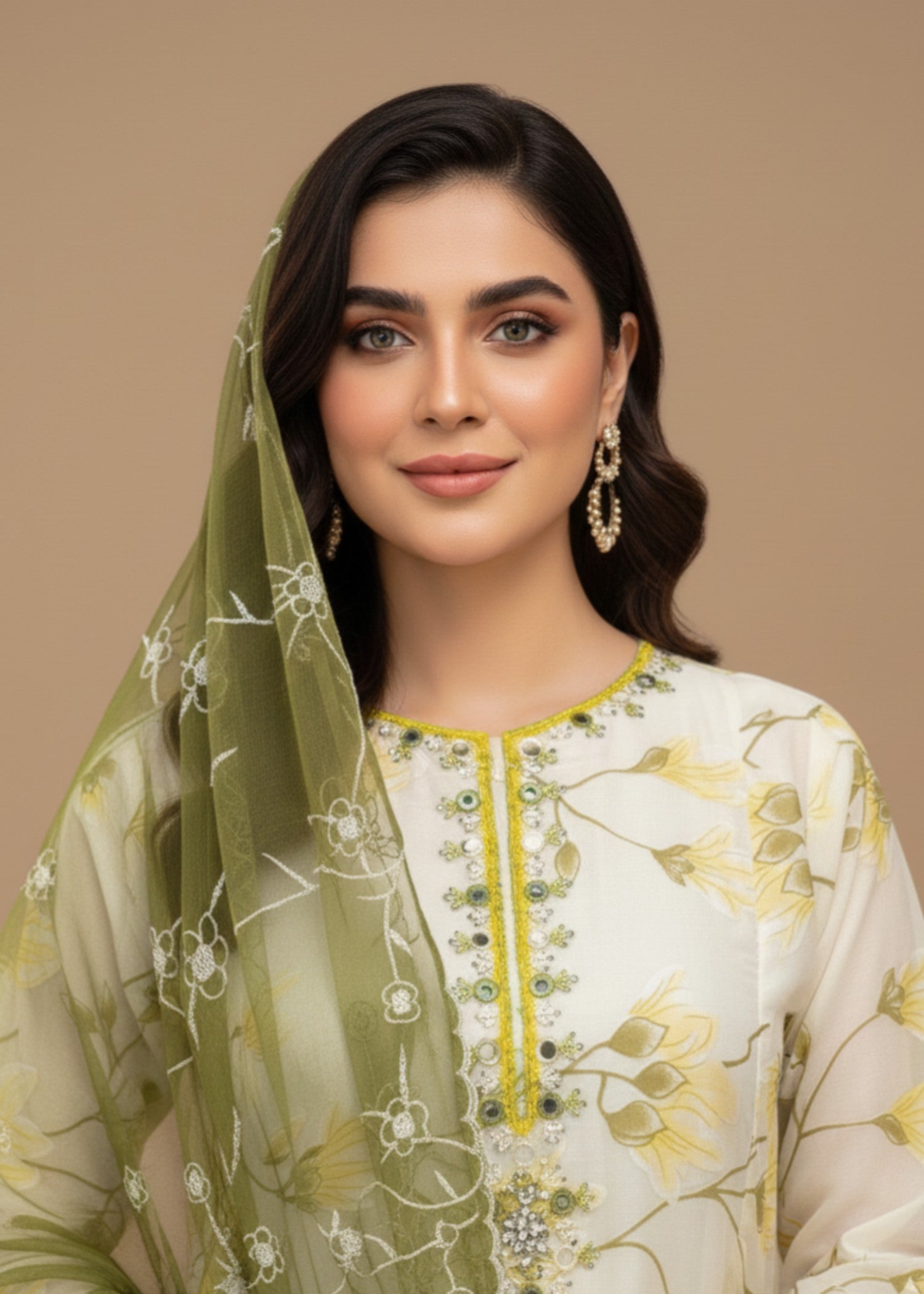 tissue Kurta Set in Cream, mint green