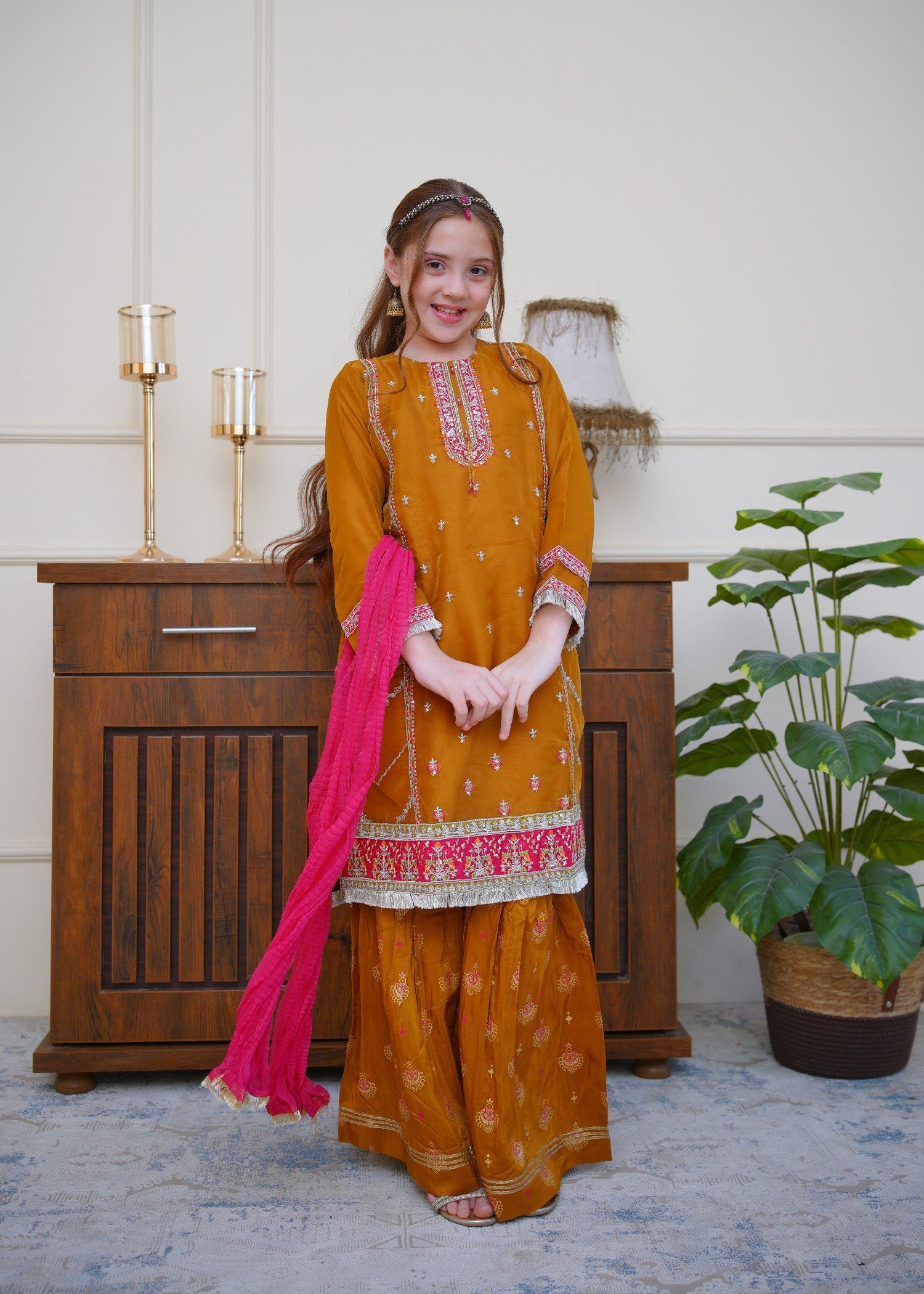 organza Gharara in Mari gold