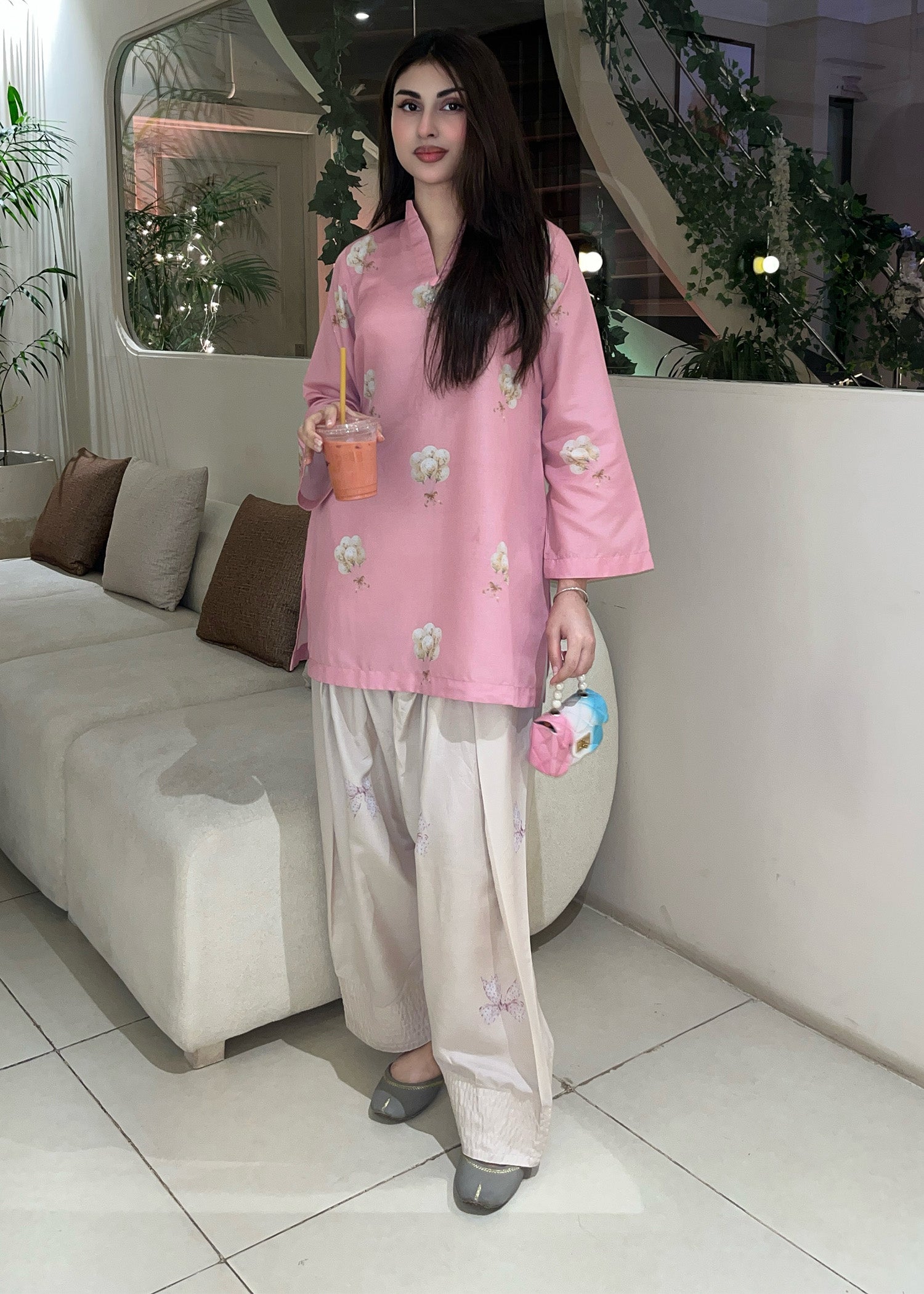 silk finish lawn Kurta Set in Pink