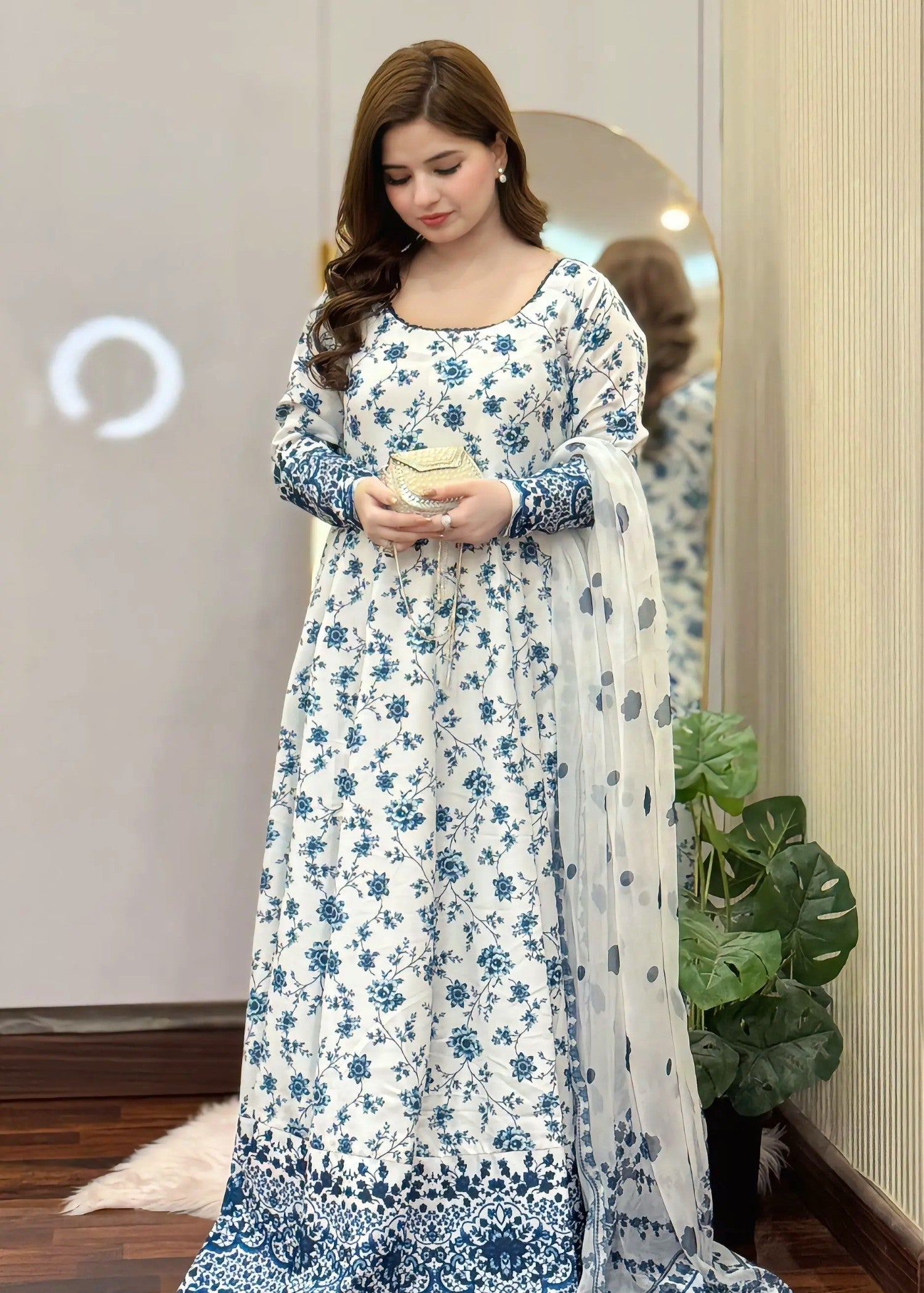 poly lawn Anarkali in Navy blue, white