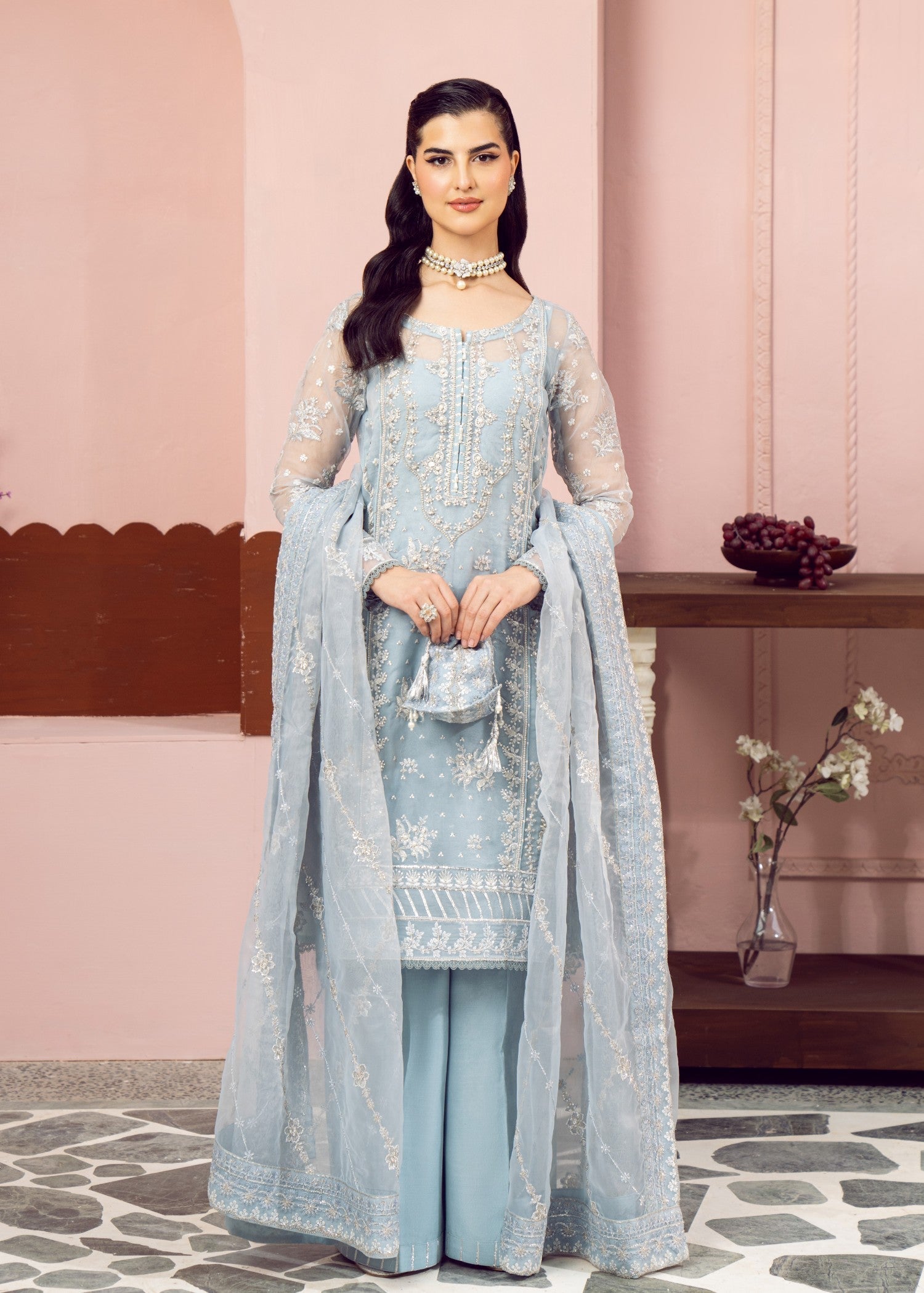 organza Unstitched in Ice blue