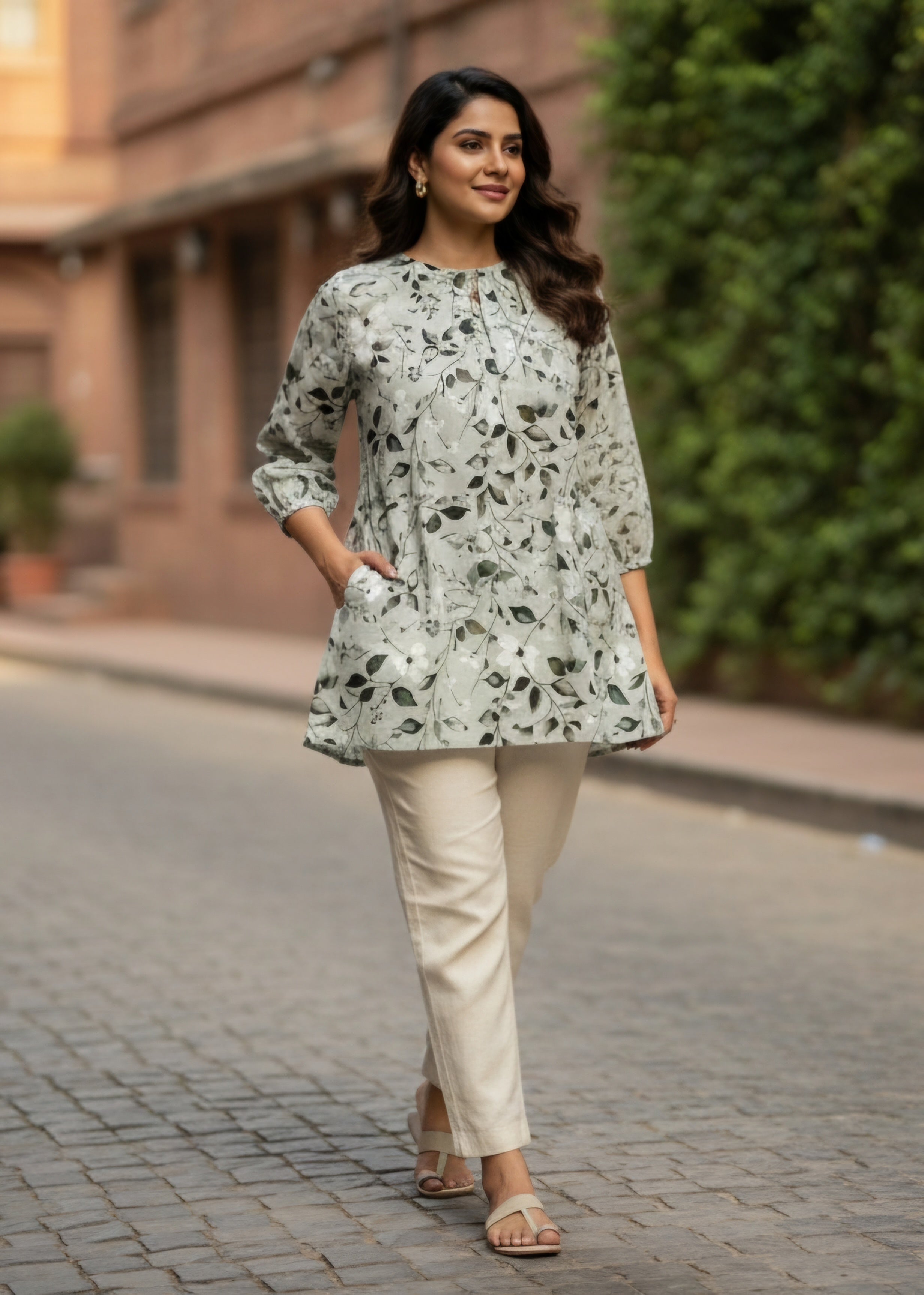 slub khaddar Top in Sage green, silver