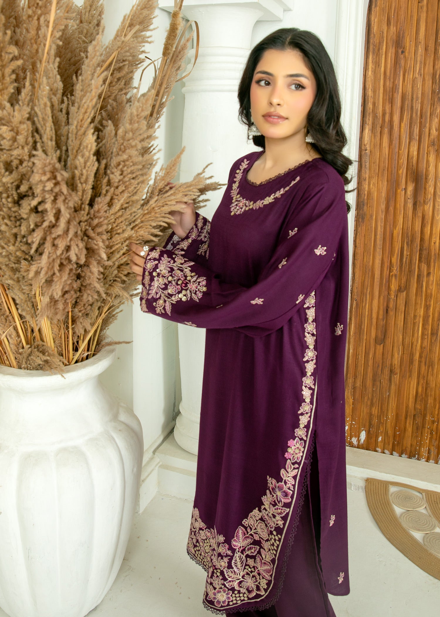peach wool Kurta Set in Plum