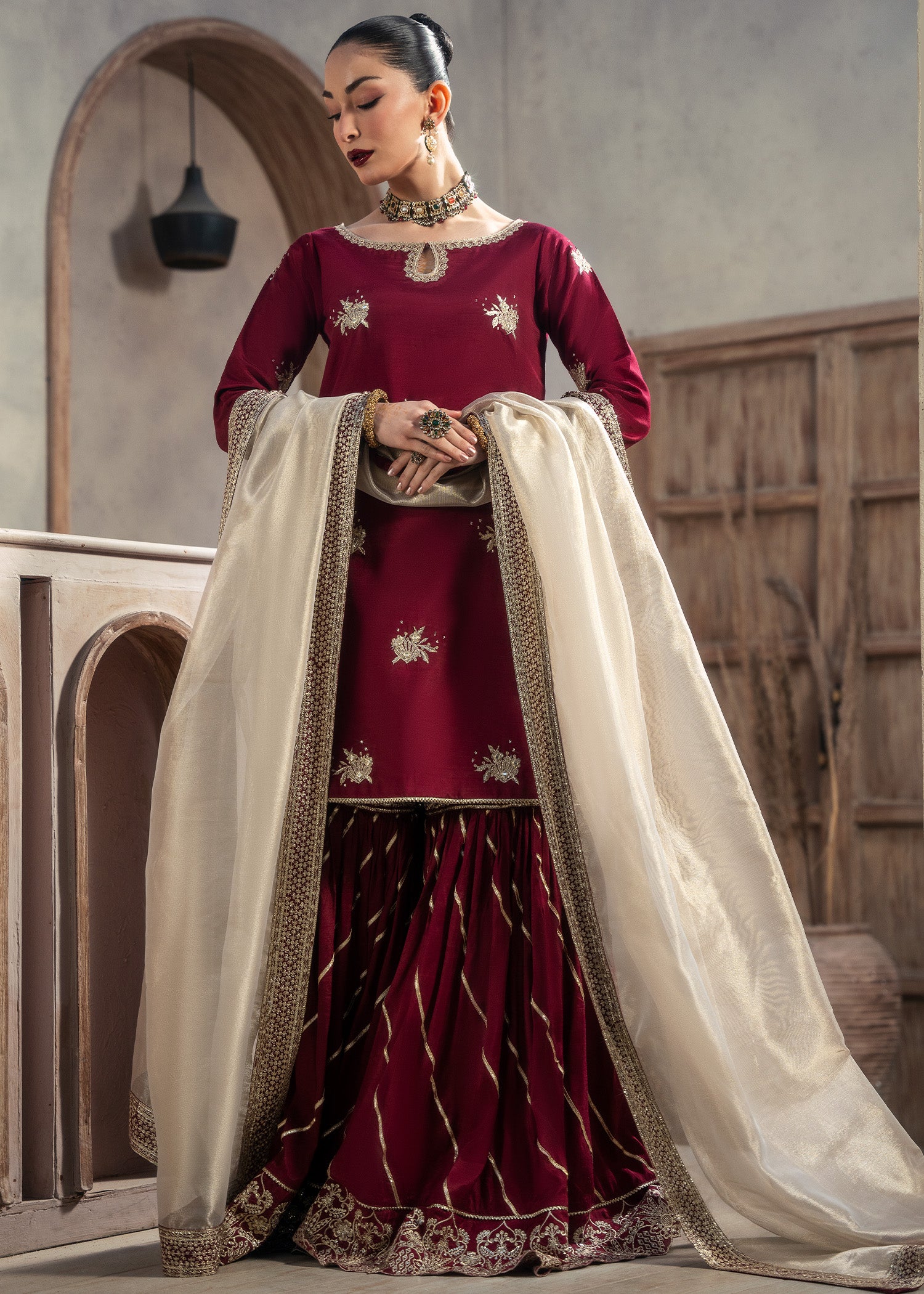 raw silk Gharara in Maroon