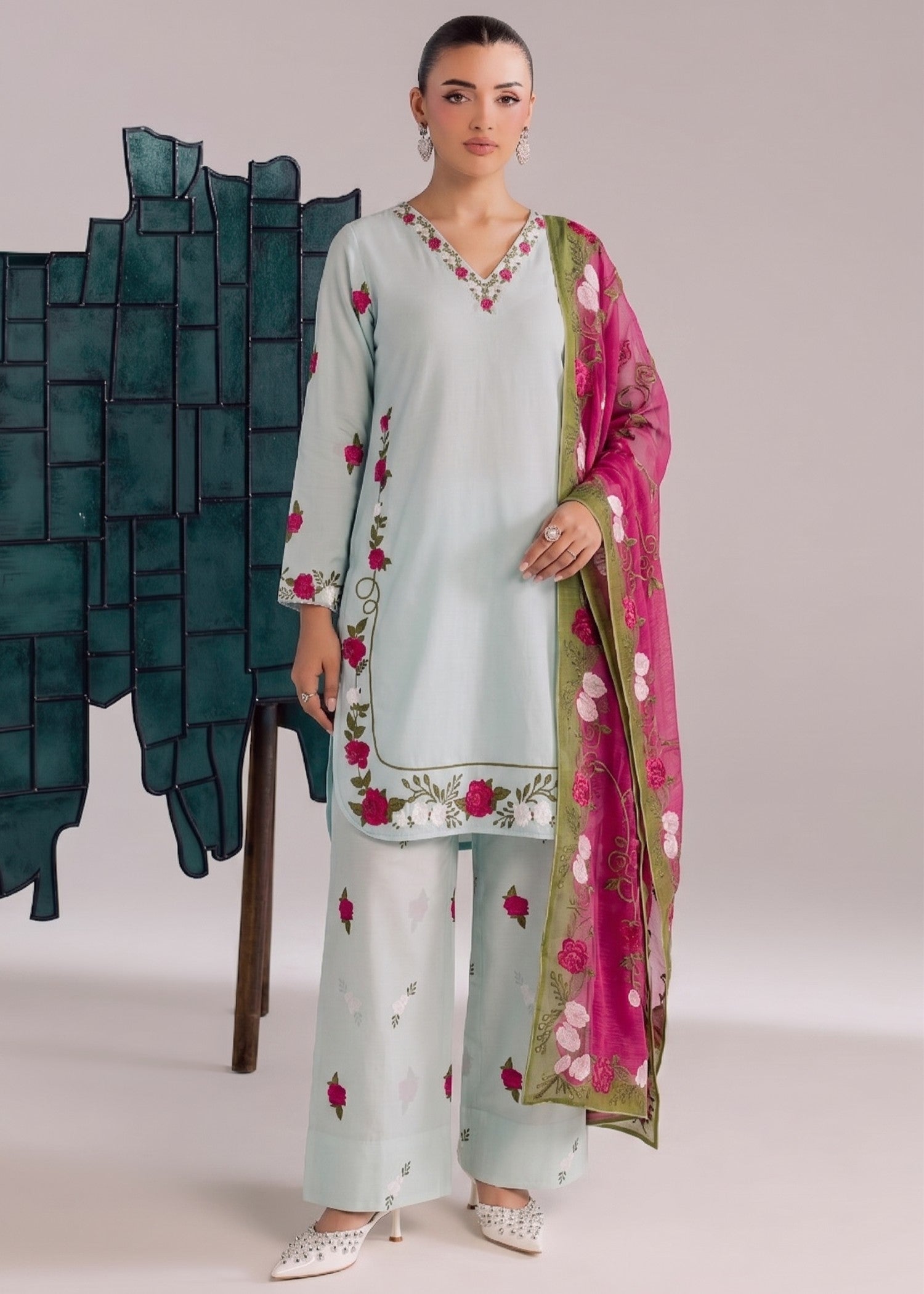 poly grip silk Kurta Set in Ice blue