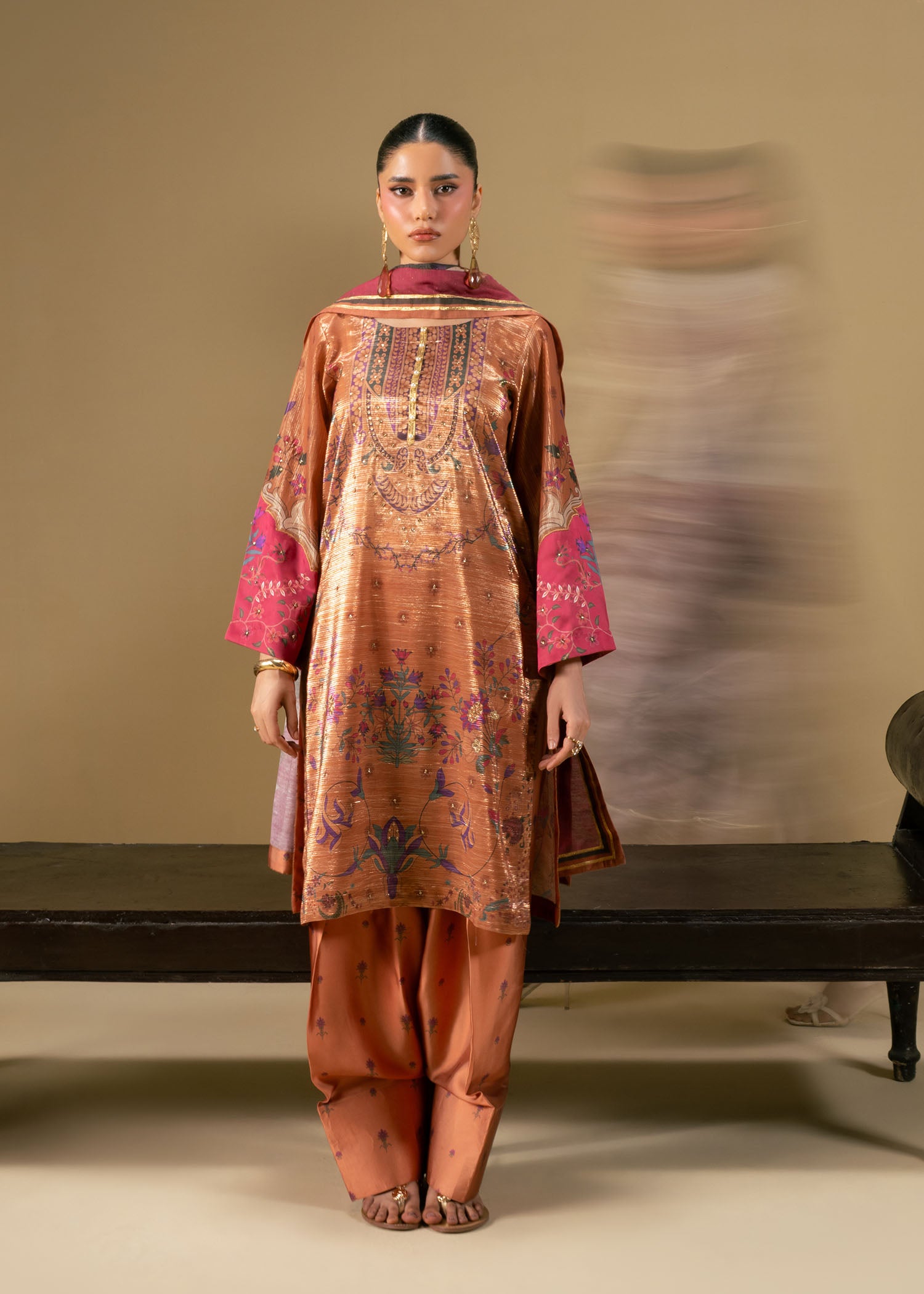 zari net Kurta Set in Rust orange