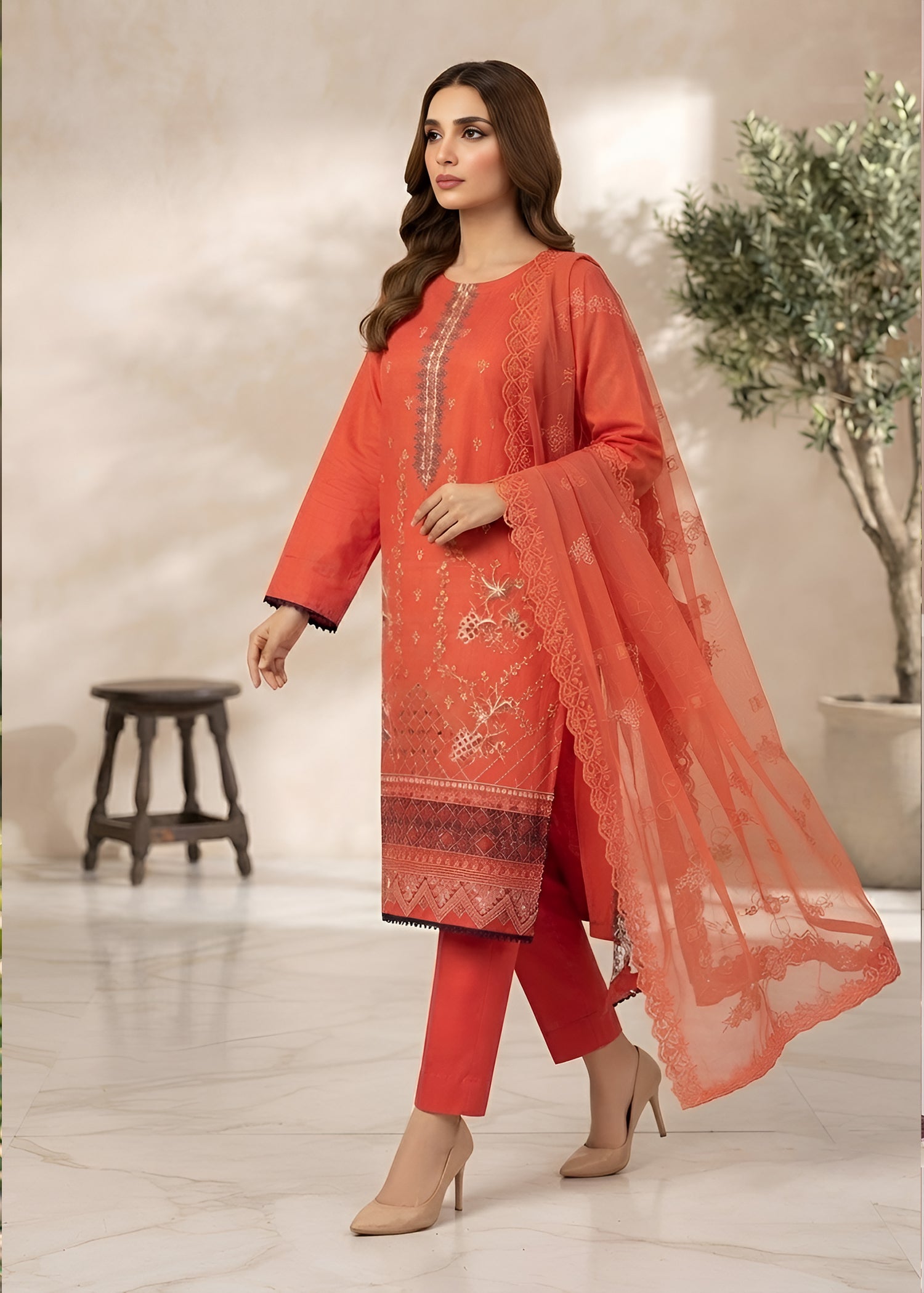 cambric Kurta Set in Coral orange