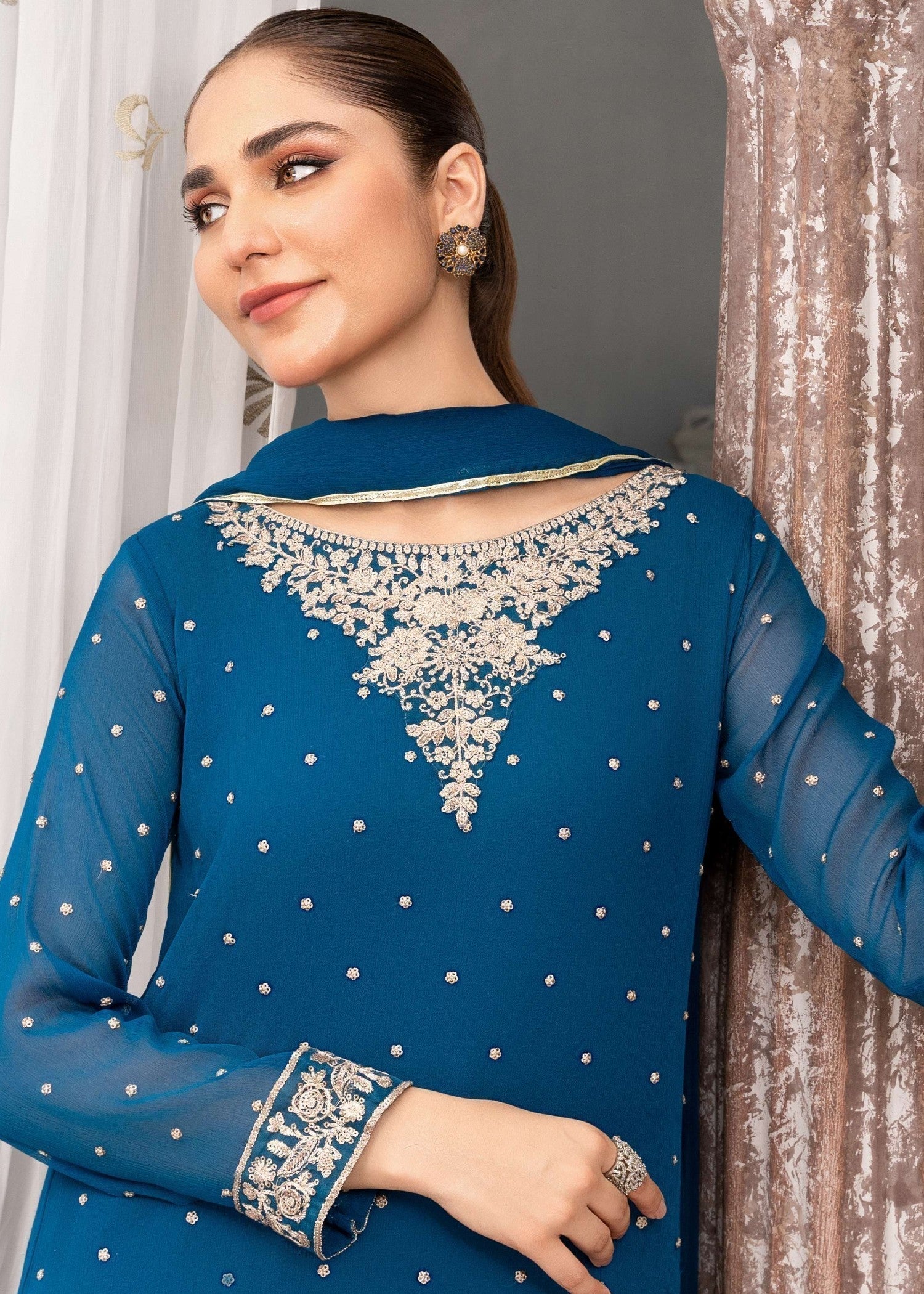 crinkle chiffon Kurta Set in Ocean blue