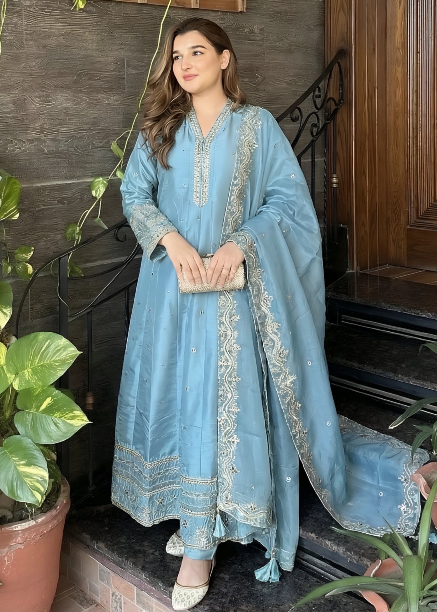 silk Pishwas in Ice blue